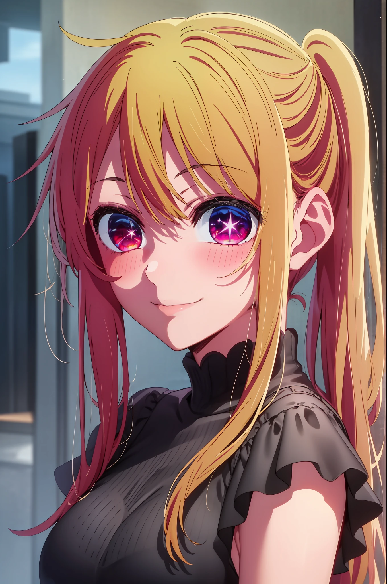 1girl in, 独奏, Hoshino Ruby, symbol-shaped pupils, Left star-shaped pupil, sparkly eyes, (Left star), red eyes, blonde  hair, side poneyTail, a smile, Hi-Res, top-quality, ​masterpiece、Black Dress