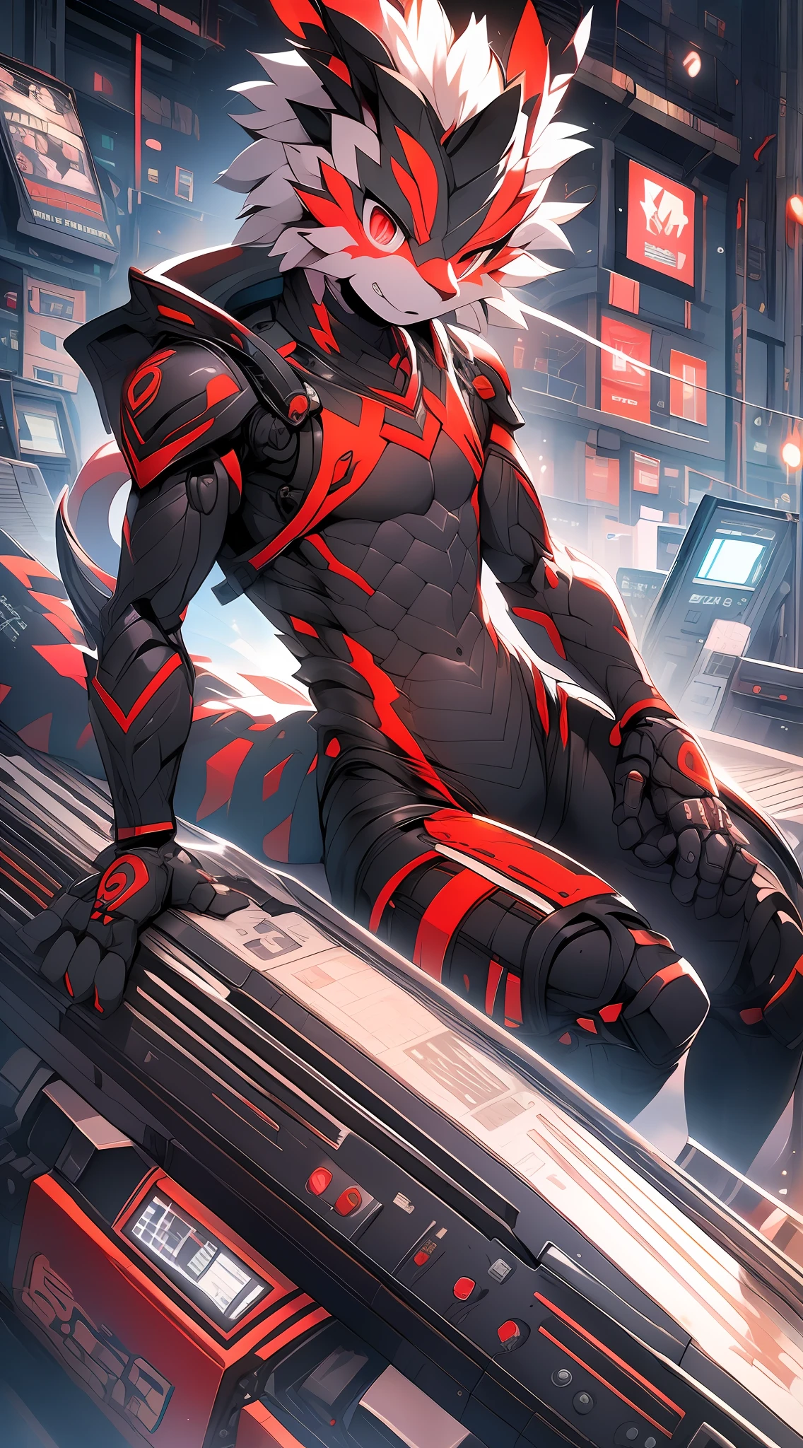Dragon boy in mech,Dark gray hair,red color eyes,adolable,Mechanical nanoskin,black reotard,black long socks,full bodyesbian,nakeness,Shota,Black Themes,anthropomorphic dragon