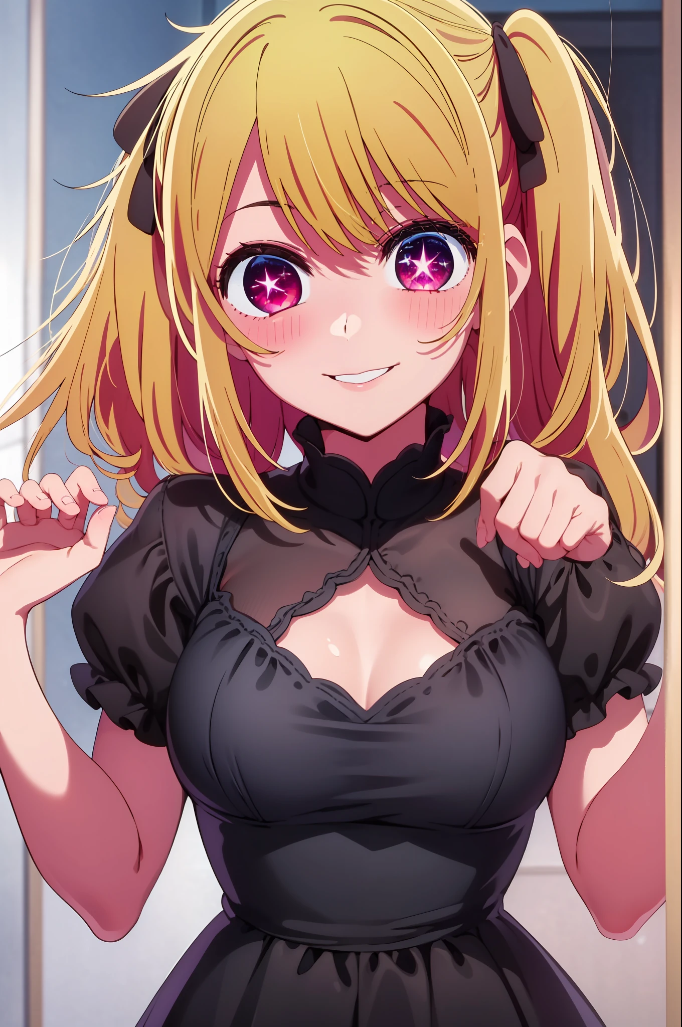 1girl in, 独奏, Hoshino Ruby, symbol-shaped pupils, Left star-shaped pupil, sparkly eyes, (Left star), red eyes, blonde  hair, side poneyTail, a smile, Hi-Res, top-quality, ​masterpiece、Black Dress