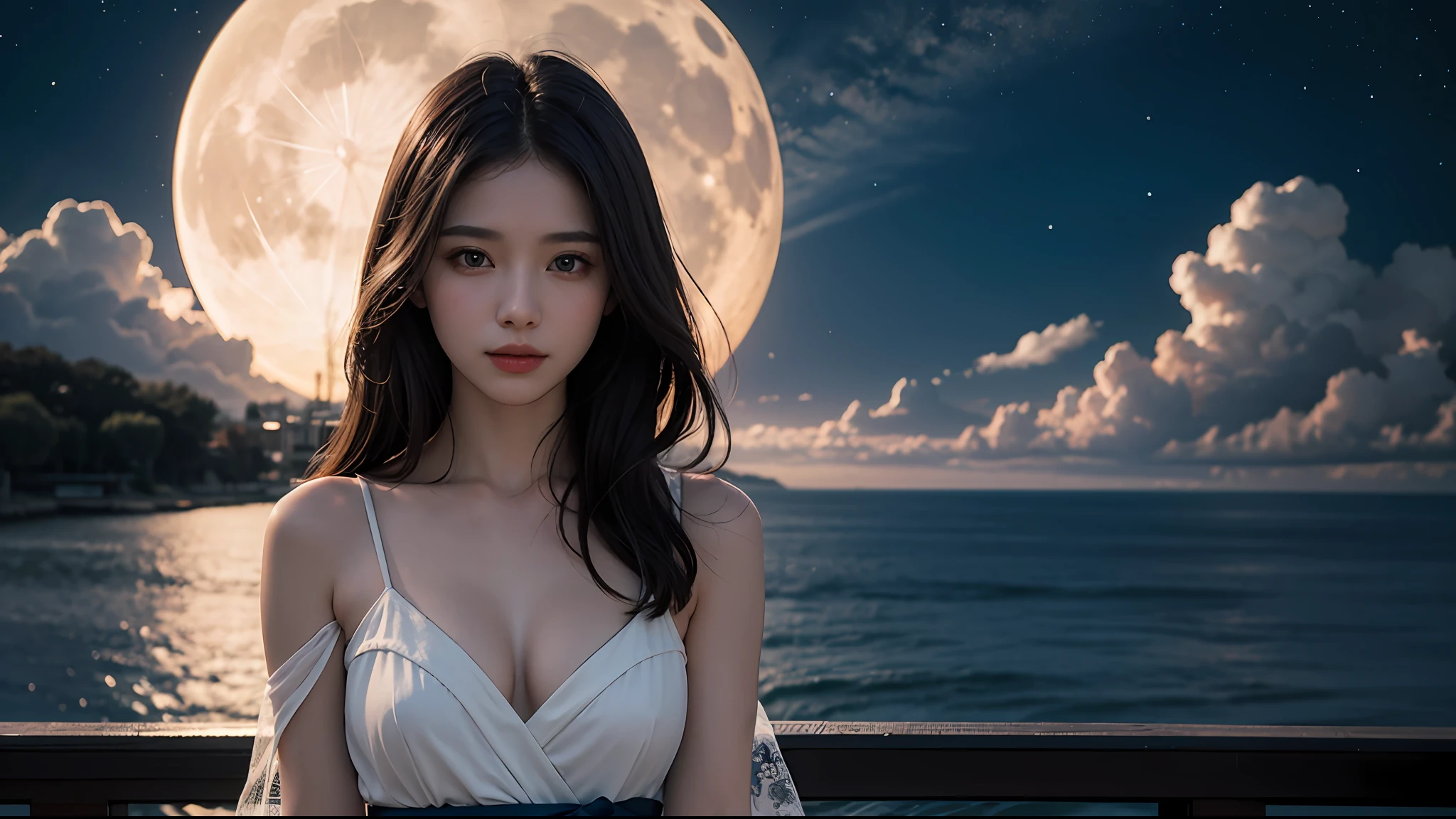 This is a portrait photo of a brunette beauty，One of the highest quality masterpieces，Shot using digital photography techniques，The RAW format has a sub-rate of 8K UHD，Very realistic。The beauty in the photo is taken exquisitely、ellegance、Highly detailed and majestic，The shooting range is above the waist。The light of the photo is very delicate，The shooting angle highlights the beautiful eyes of the beauty，Powered by HDR technology，Mysterious elements and blue flames appear in the photo，It creates an atmosphere of infinite wisdom and mystery。The beauty smiled，Her brown eyes are very charming。
The night sky appears in horse movies、rays of moonlight、 Moon, starry sky and clouds，In particular, There are many stars in the night sky，The clouds are also beautiful。The background of the photo is the waterfront。