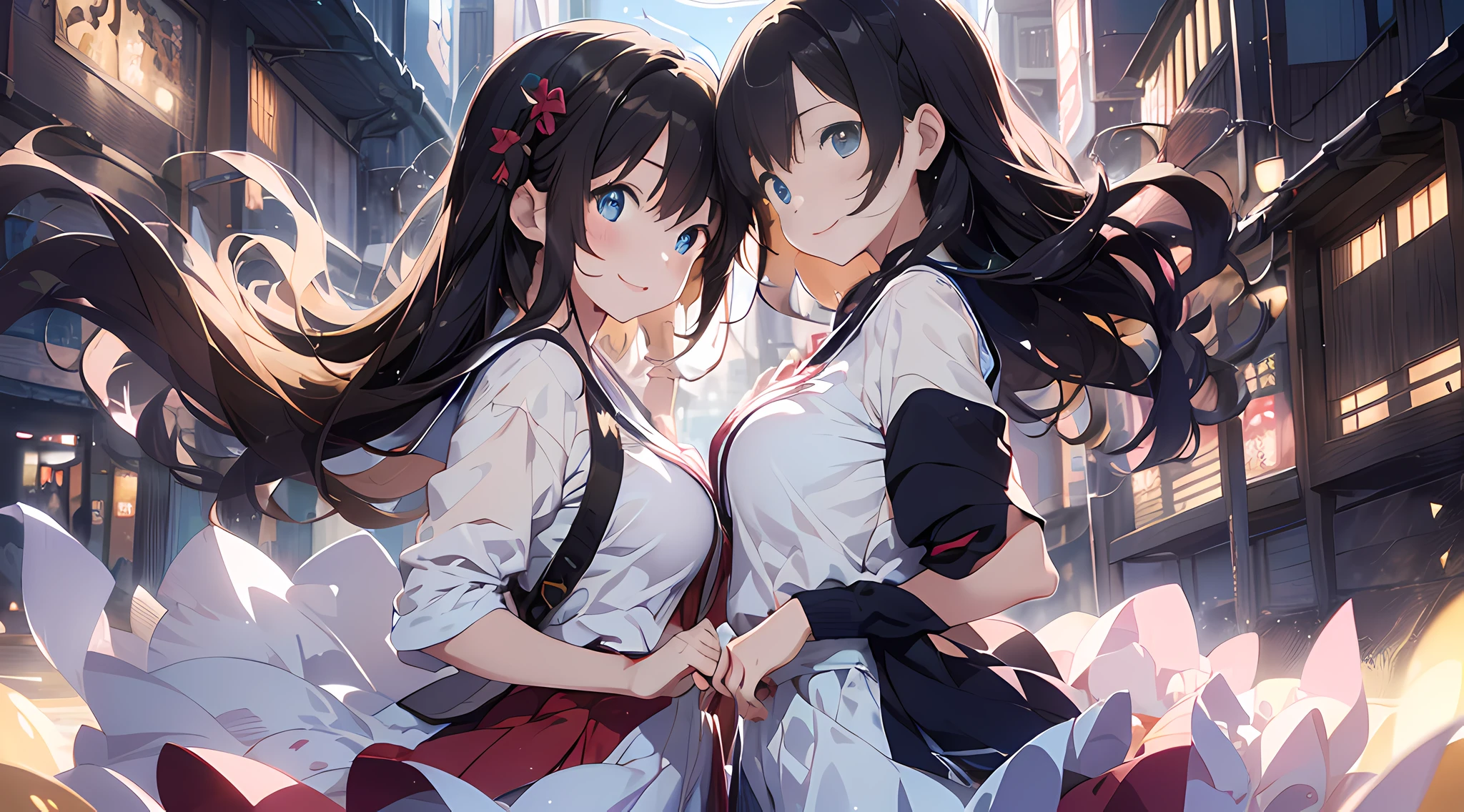 ((Illustration of two high school girls staring each other:1.37)), Yuri illustration, ((head to head:1.37, Put one's heads together)), anime style illustration, high resolution, ultra-detailed, (2girls:1.3), (Dynamic Pose):1.0 Breaks, (((Upper body image:1.37)), ((Detailed blue eyes:1.3)), (bokeh effects), (Dynamic Angle), One very beautiful and attractive anime wife in a gorgeous competitive dance hall, (Japan High School Girl Uniform:1.37), BREAK, (lower girl has a wavy twin-tailed hairstyle with brown hair, medium breasts⁩, slender, blush), (taller girl has black straight hair, big breast, slender, light smile, Happy), Wind, 8 life-size, detailed clothes, Detailed body, detailed arms, Human Hands, Detailed hand, Perfect nose, blush, light smile, Pink lip Gloss, sexy model posing, Floating hair, BREAK, Studio Soft Light, Cinematic Light, Gorgeous dancehall background:1.3, Detailed background, Realistic, Ultra-realistic, masterpiece, 32K ultra-clear images, Japanese anime waifu, Concept art by Kyoto Animation, By Shinkai Makoto,