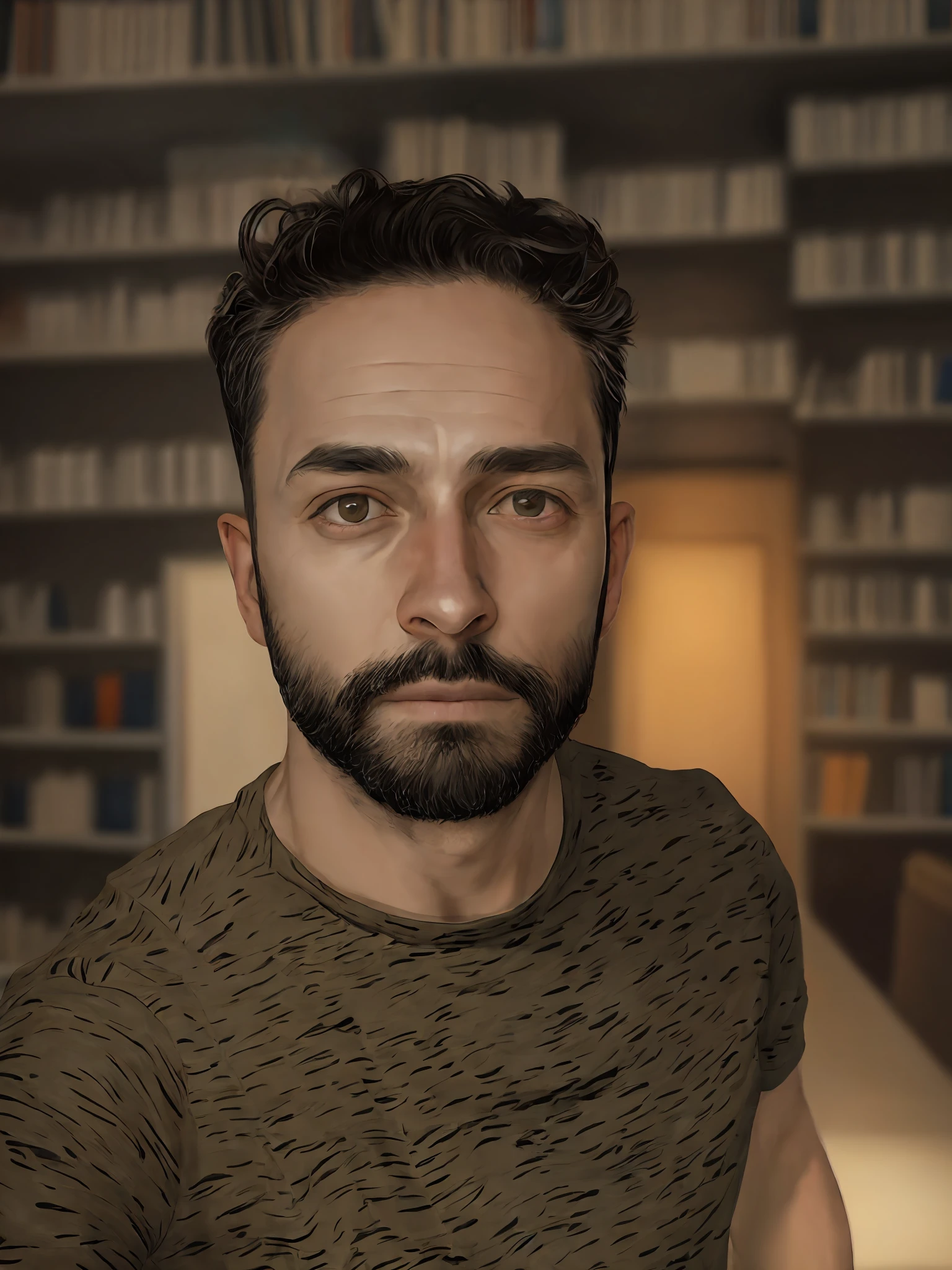 Retrato profissional ultra realista deste homem, extrema fidelidade ao rosto da imagem de origem, vestindo blazer preto, camisa branca, inside your office, Blurry background where there are books and modern décor.