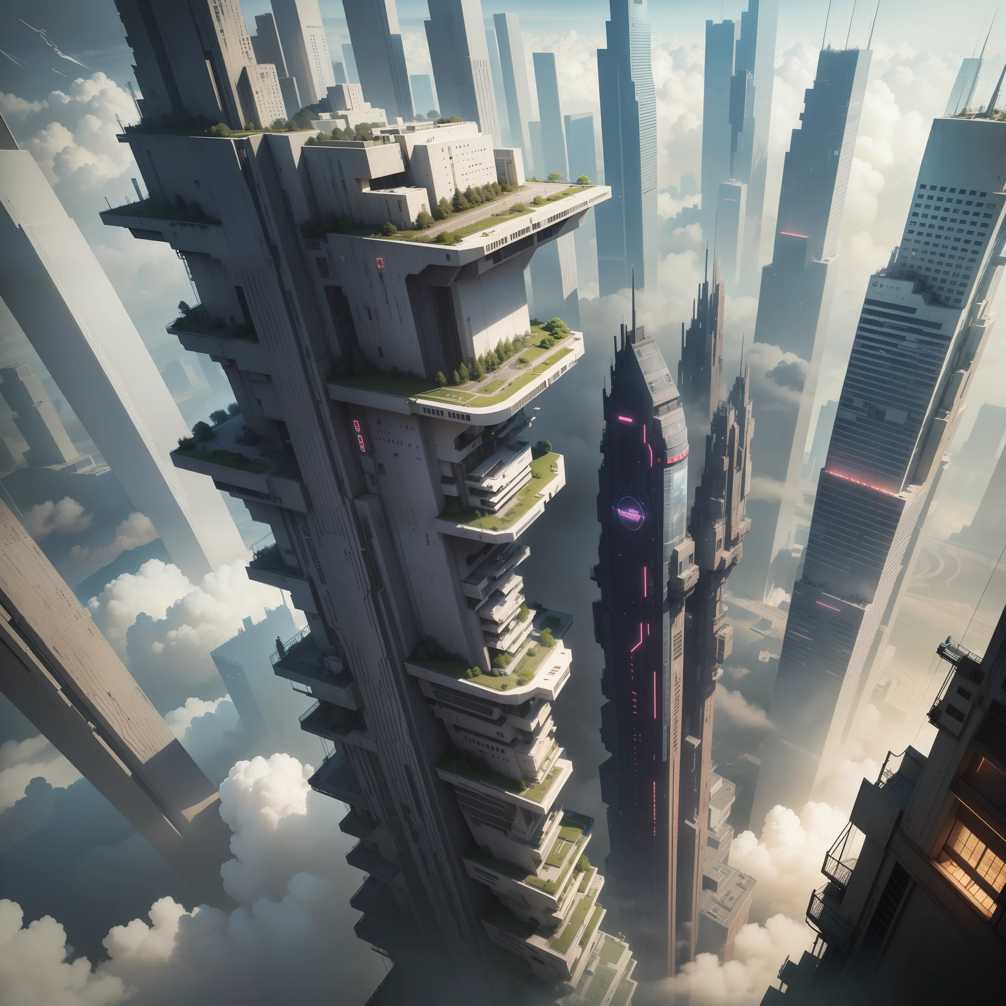 masterpiece), top-quality, super-detailed CG, A futuristic world, cyberpunked, 超A high resolution, Skyscrapers towering above the clouds.