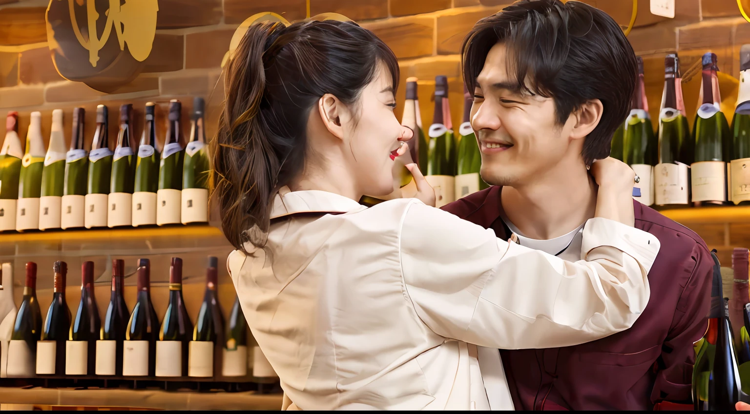 "There is a man and a woman hugging in front of the bottle wall, bottom angle, Intense temptation, Cho Jungple et al., Smiling at each other., For more information, see Background, intense emotion, Writer: Tadashi Nakayama, With a bottle of wine, With all sides, Like a live-action movie still, Photos of happy couples, delightful"