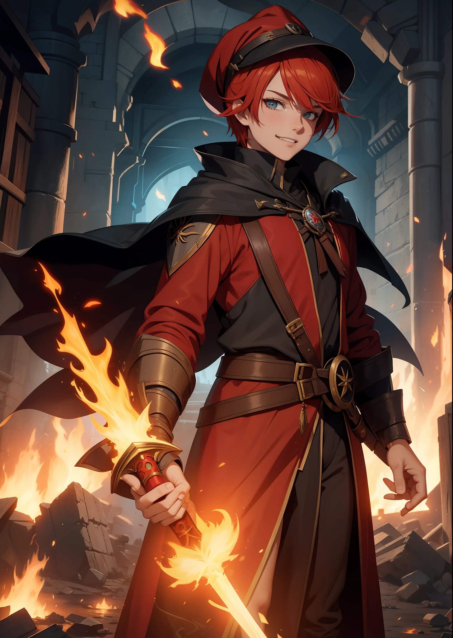 A teenager，male people，mages，the witcher，Take the staff，short detailed hair，redheadwear，guffaw，grin，Madness，Wearing a red mage robe，A suspended fireball，balls of fire，Surrounded by flames，energy，off-world，Sword and magic，Western magic，the night，fire glow，high qulity，exteriors，Burned ruins，Positive perspective