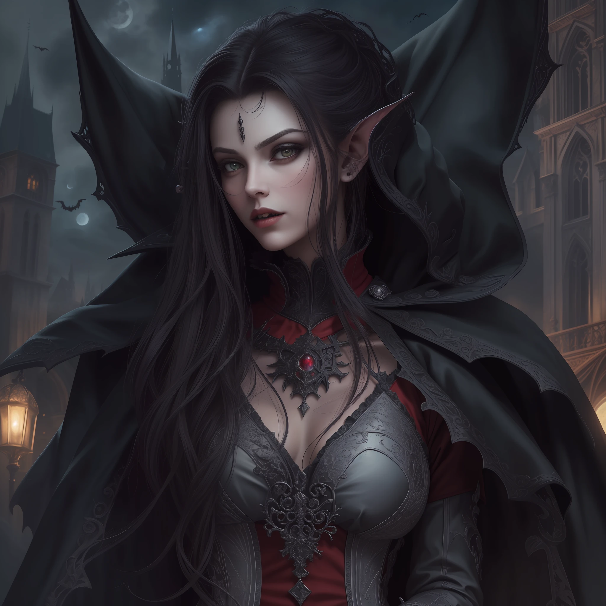 arafed, dark fantasy art, gothic art, (masterpiece:1.5), full body best details, highly detailed, best quality, highres, full body portrait of a vampire, elf (1.6, Masterpiece, best quality), ultra feminine (1.4 intricate details, Masterpiece, best quality) with a long curvy hair, dark color hair, red eyes (1.3 fantasy art, Masterpiece, best quality), ((beautiful delicate face)), Ultra Detailed Face (1.4 intricate details, fantasy art, Masterpiece, best quality), [visible vampiric fangs] (1.6 intricate details, fantasy art, Masterpiece, best quality), [anatomically correct] red cloak, flowing cloak (1.4 intricate details, fantasy art, Masterpiece, best quality), wearing an intricate leather black dress (1.4 intricate details, gothic art, Masterpiece, best quality), high heeled boots, urban background (intense details, beat details), fantasy, at night light, natural ,moon light, soft moon light, moon rays, clouds, gothic atmosphere, gothic street background, bats flying in backgrouns, soft light, dynamic light, [[anatomically correct]], high details, best quality, 8k, [ultra detailed], masterpiece, best quality, (extremely detailed), dynamic angle, ultra wide shot, RAW, photorealistic