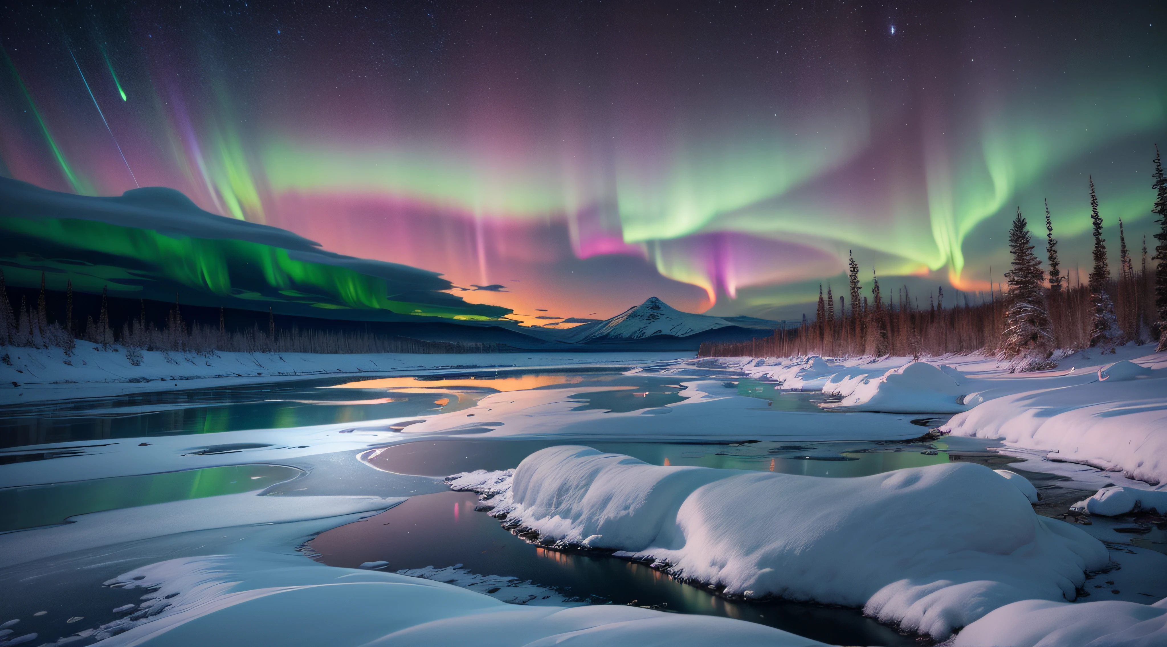 «»Capture the breathtaking beauty of the Aurora Borealis in a photorealistic image. The setting is a serene and remote landscape, such as a snowy mountain range or a tranquil forest. The night sky comes alive with vibrant colors as the Northern Lights dance gracefully above the horizon. The colors should include shades of green, pink, and purple, creating a mesmerizing display of natural light. The environment should be calm and peaceful, with stars dotting the sky. The camera shot type is a wide-angle view to encompass the vastness of the night sky and the surrounding landscape. Camera lens: Wide angle for a sense of immersion. Resolution: 8K to capture the intricate details of the Aurora Borealis.»»