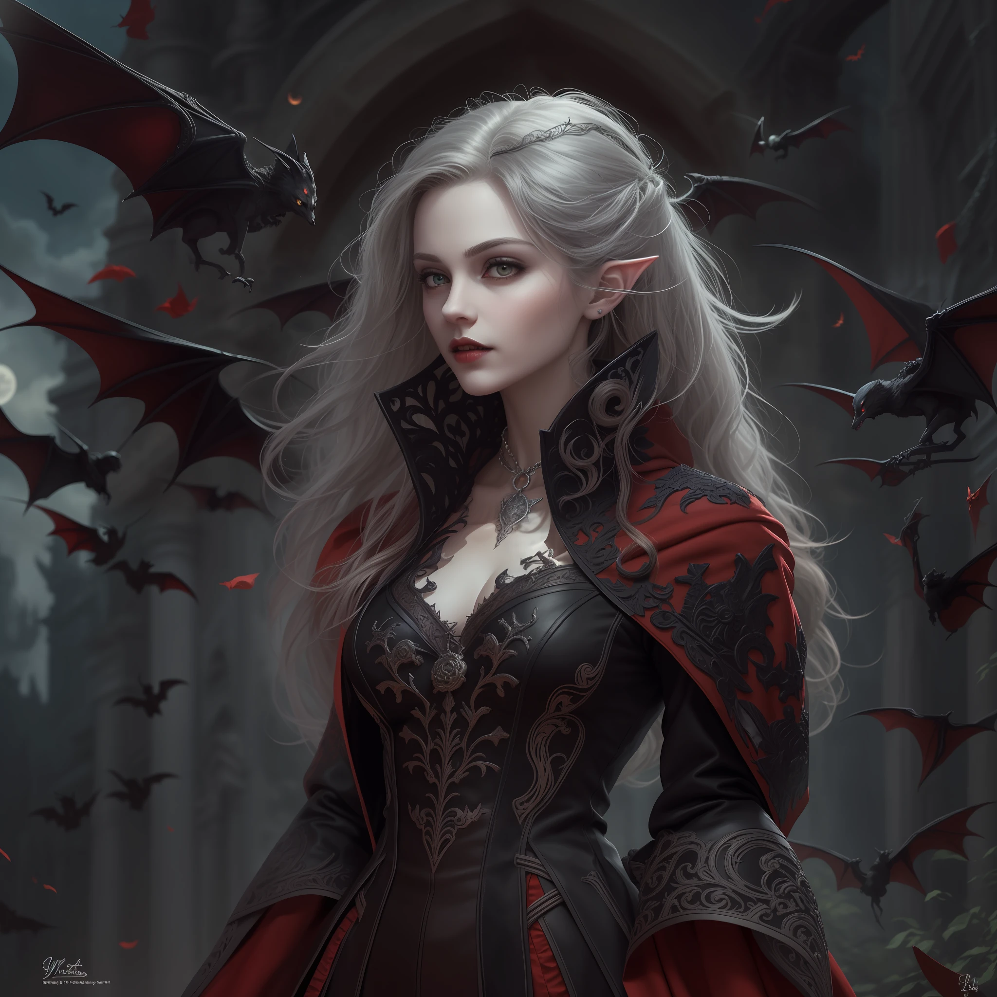 arafed, dark fantasy art, gothic art, (masterpiece:1.5), full body best details, highly detailed, best quality, highres, full body portrait of a vampire, elf (1.6, Masterpiece, best quality), ultra feminine (1.4 intricate details, Masterpiece, best quality) with a long curvy hair, dark color hair, red eyes (1.3 fantasy art, Masterpiece, best quality), ((beautiful delicate face)), Ultra Detailed Face (1.4 intricate details, fantasy art, Masterpiece, best quality), [visible vampiric fangs] (1.6 intricate details, fantasy art, Masterpiece, best quality), [anatomically correct] red cloak, flowing cloak (1.4 intricate details, fantasy art, Masterpiece, best quality), wearing an intricate leather black dress (1.4 intricate details, gothic art, Masterpiece, best quality), high heeled boots, urban background (intense details, beat details), fantasy, at night light, natural ,moon light, soft moon light, moon rays, clouds, gothic atmosphere, gothic street background, bats flying in backgrouns, soft light, dynamic light, [[anatomically correct]], high details, best quality, 8k, [ultra detailed], masterpiece, best quality, (extremely detailed), dynamic angle, ultra wide shot, RAW, photorealistic