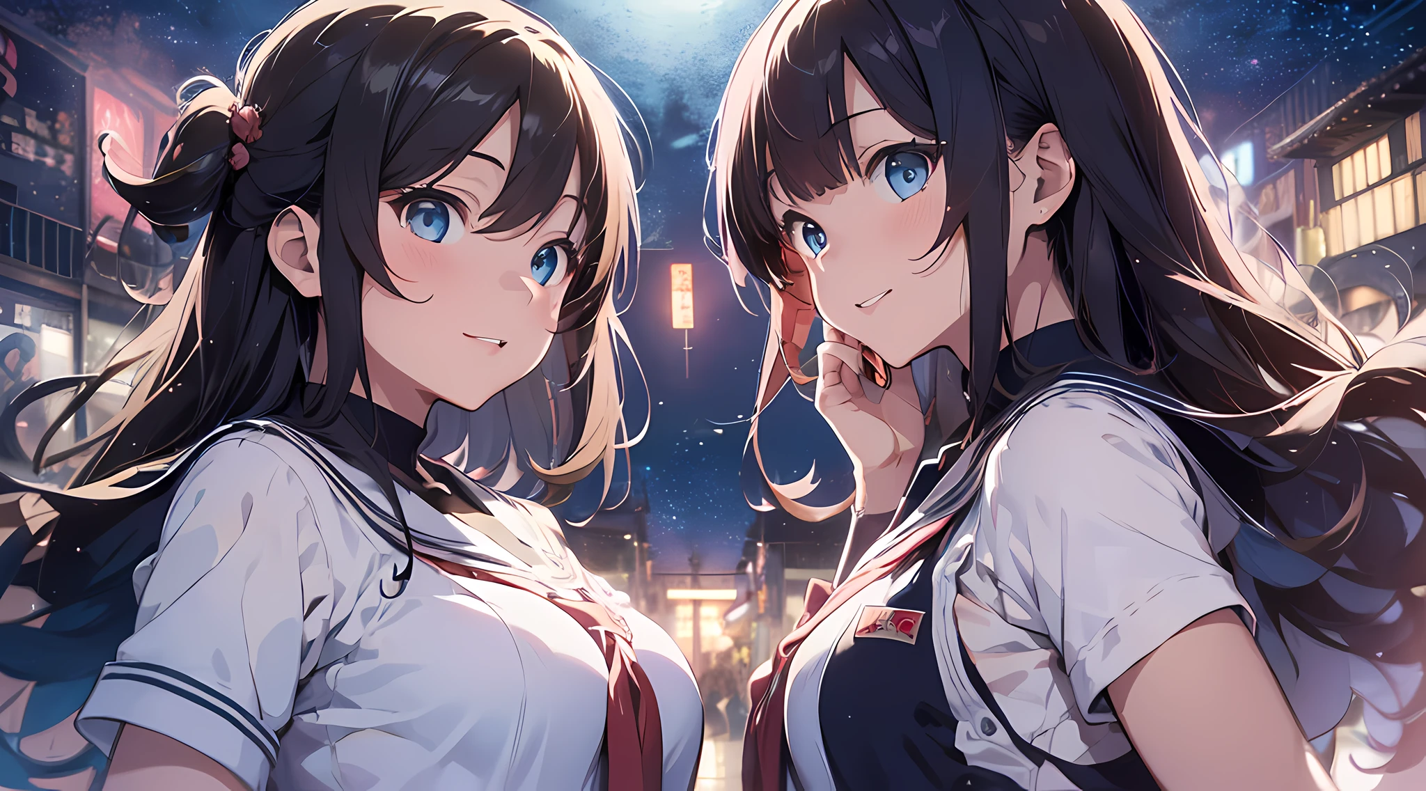 ((Illustration of two high school girls staring each other:1.37)), Yuri illustration, ((head to head:1.37, Put one's heads together)), anime style illustration, high resolution, ultra-detailed, (2girls:1.3), (Dynamic Pose):1.0 Breaks, (((Upper body image:1.37)), ((Detailed blue eyes:1.3)), (bokeh effects), (Dynamic Angle), One very beautiful and attractive anime wife in a gorgeous competitive dance hall, (Japan High School Girl Uniform:1.37), BREAK, (lower girl has a wavy twin-tailed hairstyle with brown hair, medium breasts, slender, blush), (taller girl has black straight hair, big breast, slender, light smile, Happy), Wind, 8 life-size, detailed clothes, Detailed body, detailed arms, Human Hands, Detailed hand, Perfect nose, blush, light smile, Pink lip Gloss, sexy model posing, Floating hair, BREAK, Studio Soft Light, Cinematic Light, Gorgeous dancehall background:1.3, Detailed background, Realistic, Ultra-realistic, masterpiece, 32K ultra-clear images, Japanese anime waifu, Concept art by Kyoto Animation, By Shinkai Makoto,