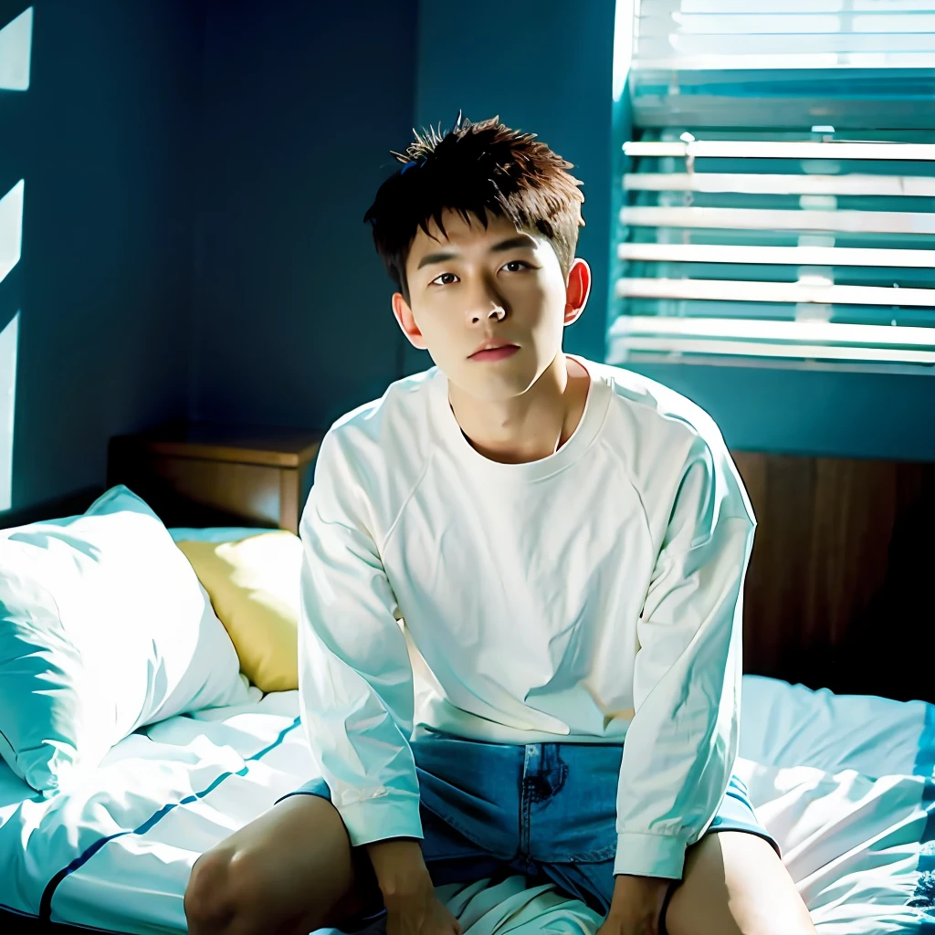 best qualtiy, 超高分辨率, (realisticlying:1.4), tmasterpiece, Kodak Portra 400, blur backgroun ,Lie down in bed,(Face focus:1.3),1boys ,white skinned,Loose sweatshirt, posing on a, looking at viewert , sface focus