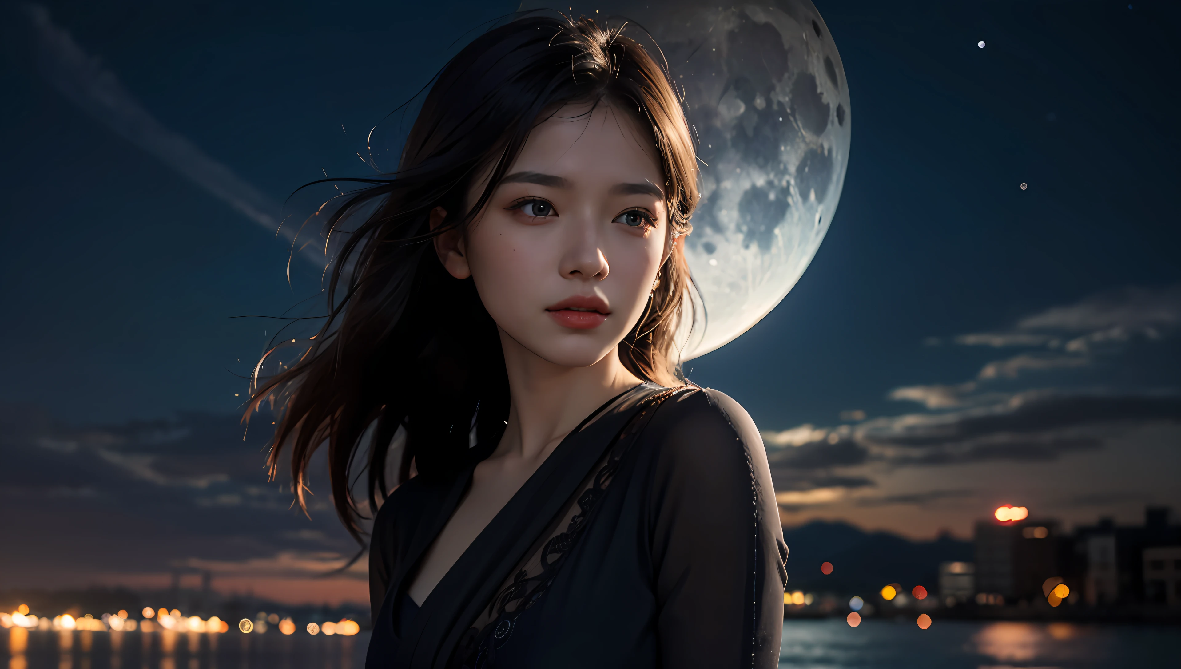 This is a portrait photo of a brunette beauty,One of the highest quality masterpieces,Shot using digital photography techniques,The RAW format has a sub-rate of 8K UHD,very realistic。The beauty in the photo is very delicately shot、ellegance、Highly detailed and majestic,The shooting range is above the waist。The light of the photo is very delicate,The shooting angle highlights the beautiful eyes of the beauty,HDR technology is used,Mysterious elements and blue flames appear in the photo,It creates an atmosphere of infinite wisdom and mystery。The beauty smiled,Her brown eyes are very charming。
The night sky is shown in horse films、rays of moonlight、 Moon starry sky and clouds,In particular, there are many stars in the night sky,The clouds are also very beautiful。The background of the photo is the waterfront。
