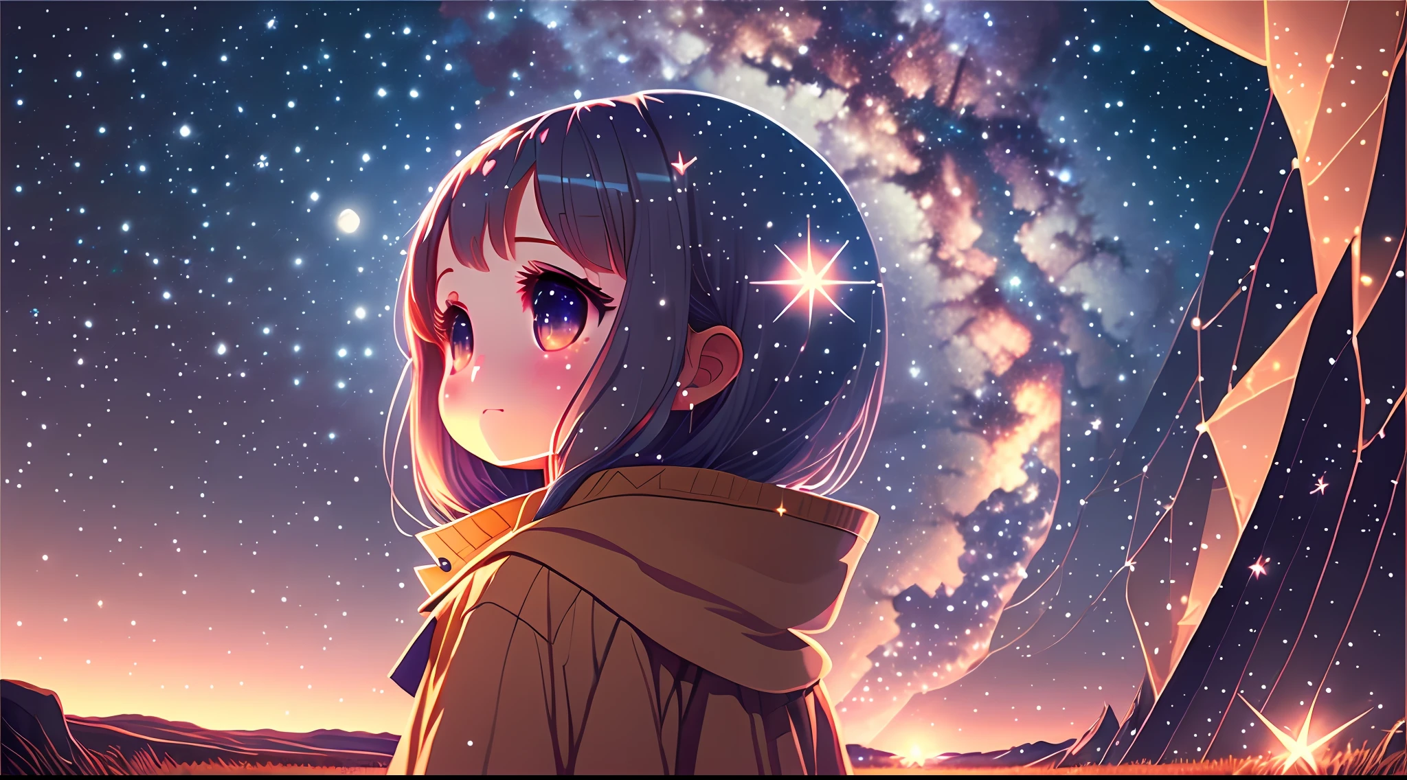 hightquality、high detailing、Sparkling starry sky、Vast Land、Behind a staring at the sky、Luminous CG Art 8K --auto --s2