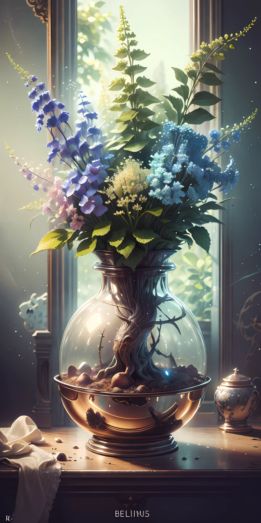 Best quality, Masterpiece, ultra highres, (photo realist:1.4),Surrealist portrait, surrealism, dream-like, Delphinium Belladonna fleurit dans un pot, Fantastic creature, DiamonAI,