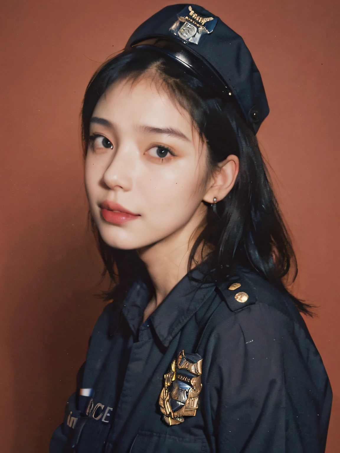 simple background,(Wearing a female police uniform and a police cap:1.4), solo, good hand,4k, high-res, masterpiece, best quality,((Hasselblad photography)), finely detailed skin, sharp focus, (cinematic lighting), soft lighting, dynamic angle, [:(detailed face:1.2):0.2],midriff peek, medium breasts, breasts,(((inside mansion))),1girl, jewelry,earrings, orange_sky, solo, mole, long_hair, mole under eye, upper body, grey eyes, looking at viewer,black hair,Fashion,(head tilt:1.4), red background, lips, slightly smile