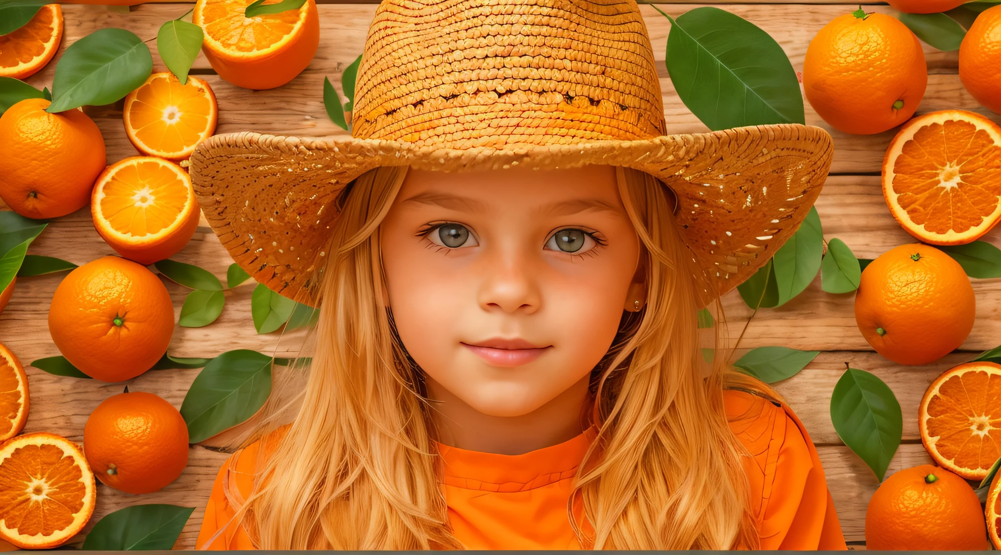  Russian child girl,e up, PORTRAIT, with long blonde hair, in a cowboy hat, many oranges with leaves on them on a table, oranges, extremely coherent orange, orange skin, orange and orange slices, orange colors, orange color, orange backgorund orange, orange, orange slices, vibrant orange, orange background, an orange, orange colors,  very orange, orange theme, orange minerals, in front of an orange background, orange plants