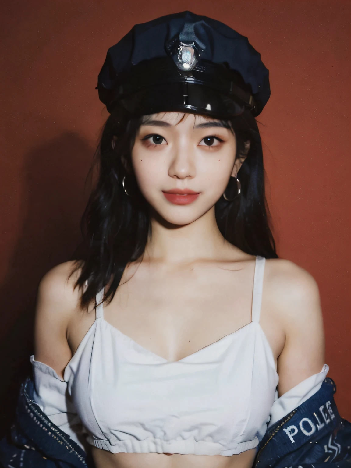 simple background,(Wearing a female police uniform and a police cap:1.4), solo, good hand,4k, high-res, masterpiece, best quality,((Hasselblad photography)), finely detailed skin, sharp focus, (cinematic lighting), soft lighting, dynamic angle, [:(detailed face:1.2):0.2],midriff peek, medium breasts, breasts,(((inside mansion))),1girl, jewelry,earrings, orange_sky, solo, mole, long_hair, mole under eye, upper body, grey eyes, looking at viewer,black hair,Fashion,(head tilt:1.4), red background, lips, slightly smile