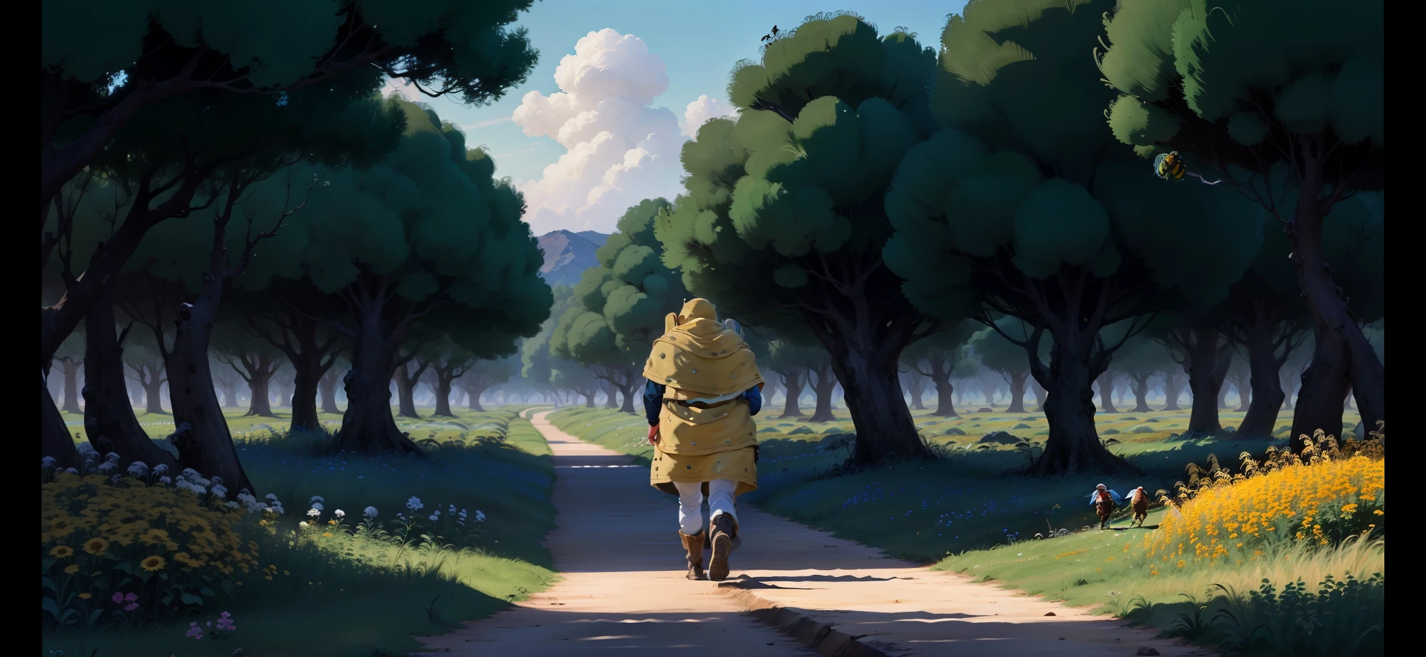 "The biggest player in beekeeping walked out of his lab，Wear white bee protective clothing，Carrying a wooden slatted beehive，The beehive is firmly tied behind the back with twine。He walked on the vast steppe，Small bees surround the hive，Or around the flowers。"