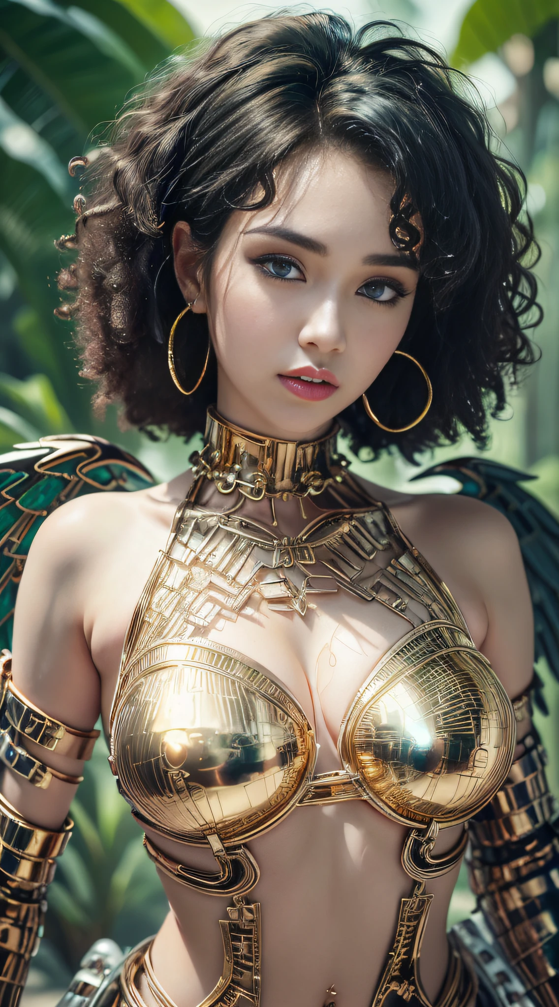 angel girl with big golden wings, metal big wings, Girl naked in gold body jewelry, Highly Detailed Face and Skin Texture, ((white skin)) big green eyes, slim face, juicy lips, bimbo lips, big puffy breast, breastplates ((afro curly Black hair)), pale skin, Detailed Eyes, Double Eyelids, cyberpunk gold metal jewelry BDSM, gold metal cyberpunk tapes on body, metal Collar, metal gold futuristic tiny Panties t-strings, metal Tiny panties, metal stickini, metal cupless bra, metal clothes, gold body jewelry, wet skin, she is naked. White skin, ((she is in dark rainforest)) . Ring in the nose.