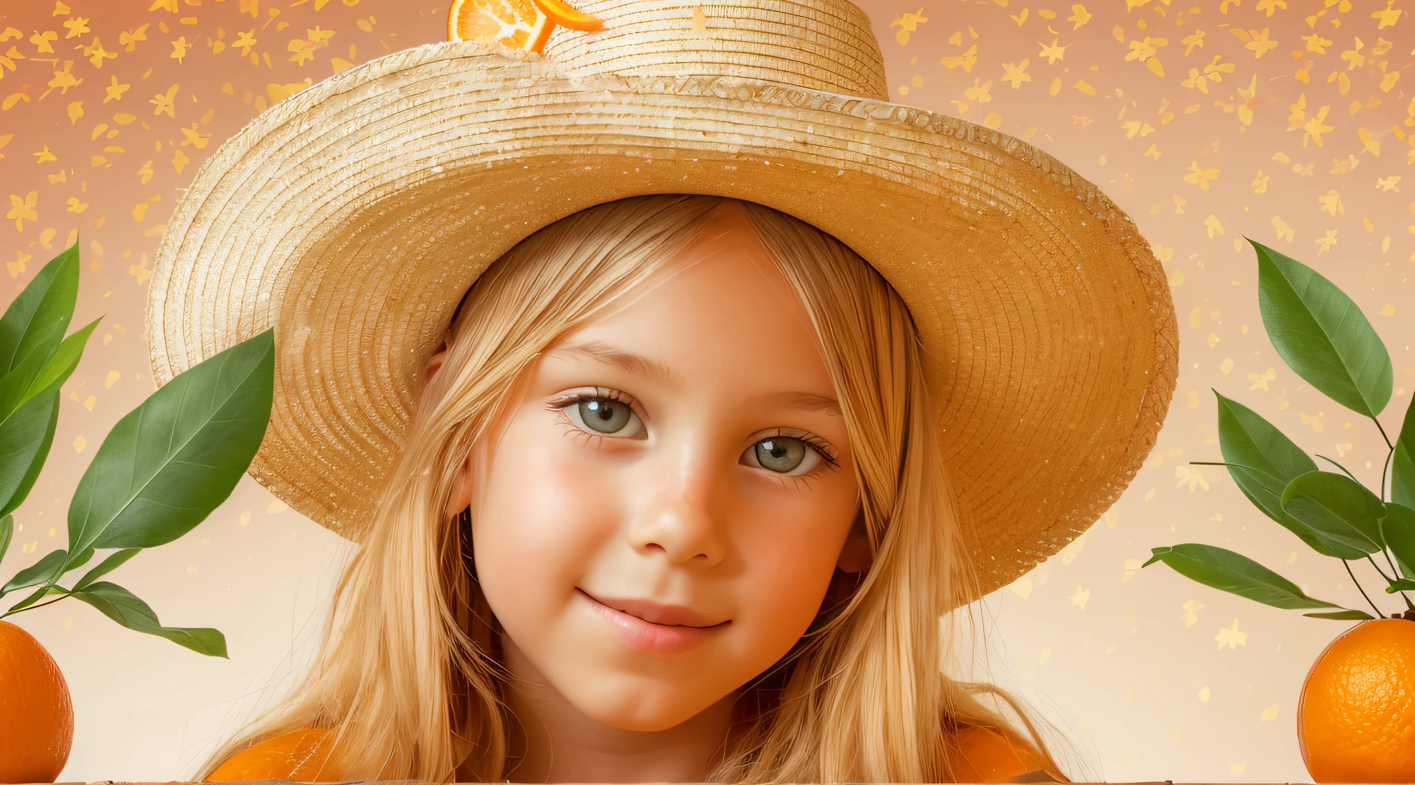  Russian child girl,e up, PORTRAIT, with long blonde hair, in a cowboy hat, many oranges with leaves on them on a table, oranges, extremely coherent orange, orange skin, orange and orange slices, orange colors, orange color, orange backgorund orange, orange, orange slices, vibrant orange, orange background, an orange, orange colors,  very orange, orange theme, orange minerals, in front of an orange background, orange plants