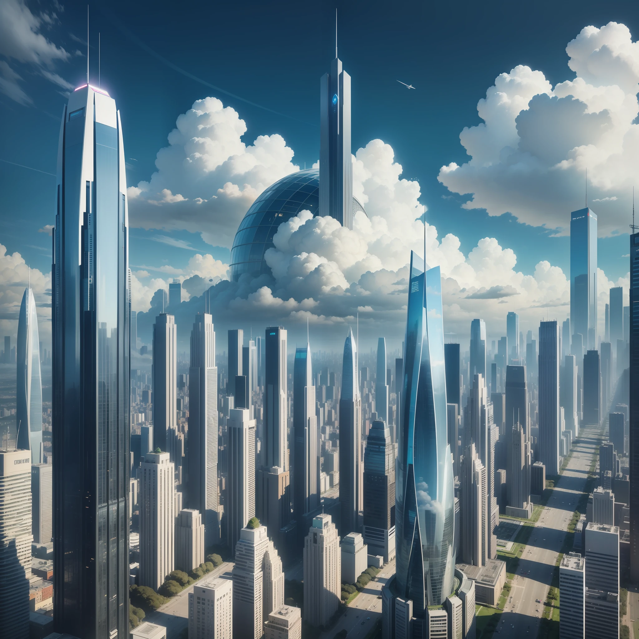 The utopian urban future world, Sky City, cyberpunked, Skyscrapers, on clouds, SF, Beautiful fece, (High-resolution buildings: