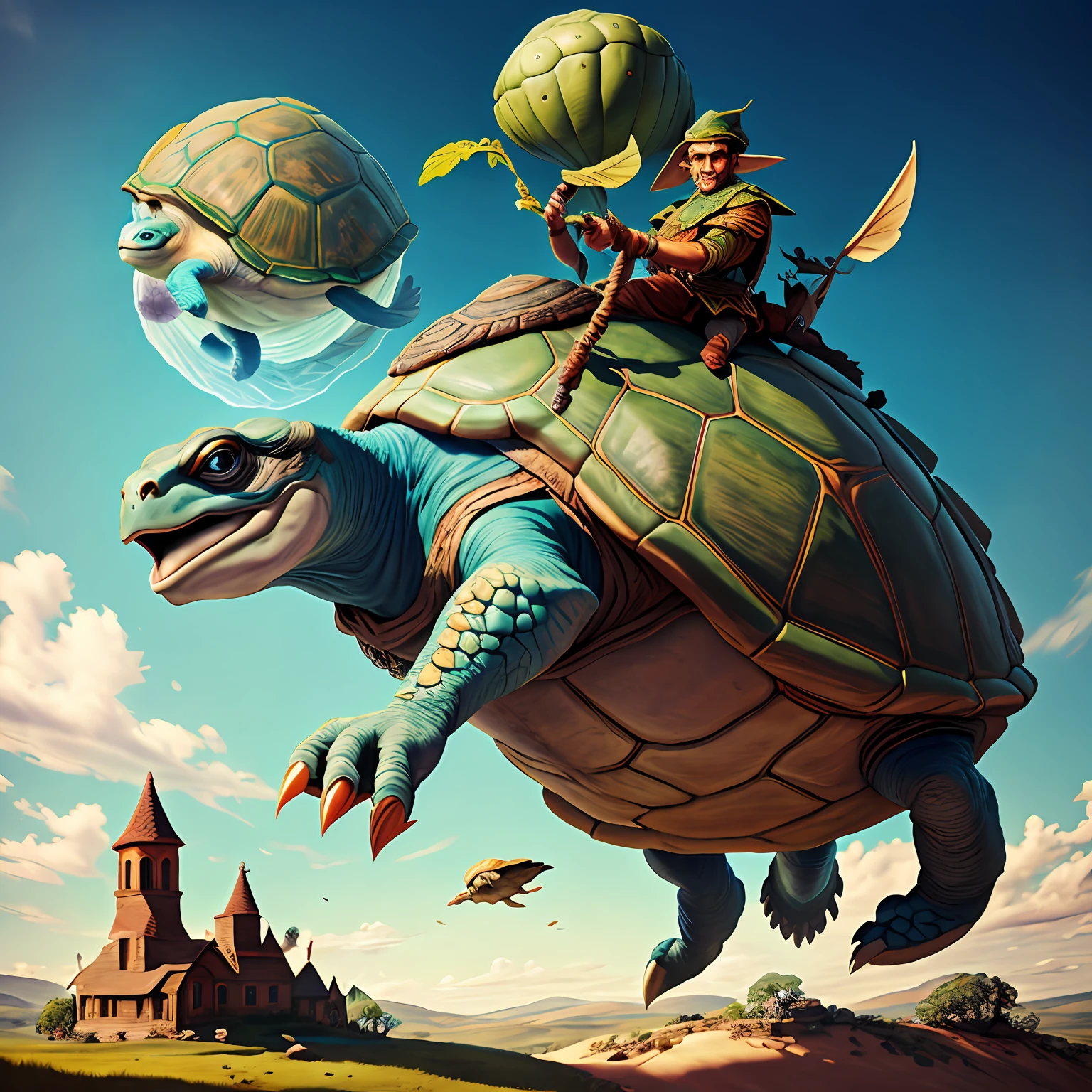 elf male warrior riding a huge turtle, surreal,  masterpiece by ncwinters, in the mystical rural town,