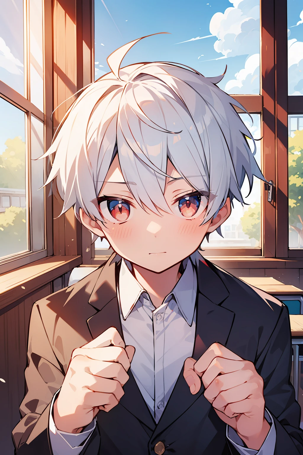 (high-quality, breathtaking),(expressive eyes, perfect face), 1boy, male, solo, short, young boy, short white hair, red eyes, school uniform, in class, by the window, blue sky