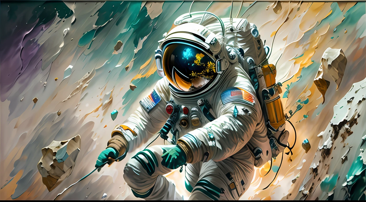 astronaut,  climbing the asteroid,  character render, ultra high quality model, ethereal background, abstract beauty, explosive volumetric, oil painting, heavy strokes, paint dripping