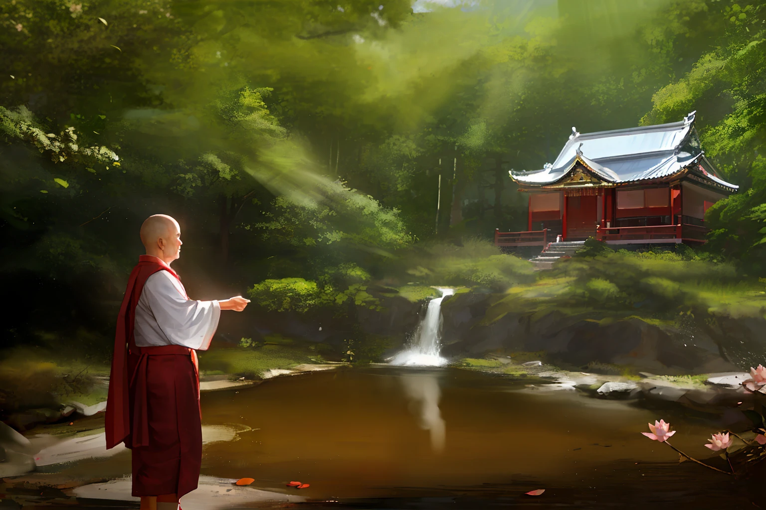 Monk meditating with his disciples, Chinese temples scattered in the forest not far away, waterfall falling into a lake or stream in the background, mountains and small glowing lake in the background, Lotus in the foreground, clear and distinct fingers, clear and distinct fingers, facial features clear and distinct, jewels, leaf, lily flower, lily_pad, necklace, plant, soil, chinese temple, path, cherry blossom, sharp focus, sun rays, bright ripples, wind ripples, hyper detailed, real photo, intricate details, perfect composition, beautiful intricate details, 8k photography, photorealistic, masterpiece, photorealistic, image enhancement, image post-processing, image retouching