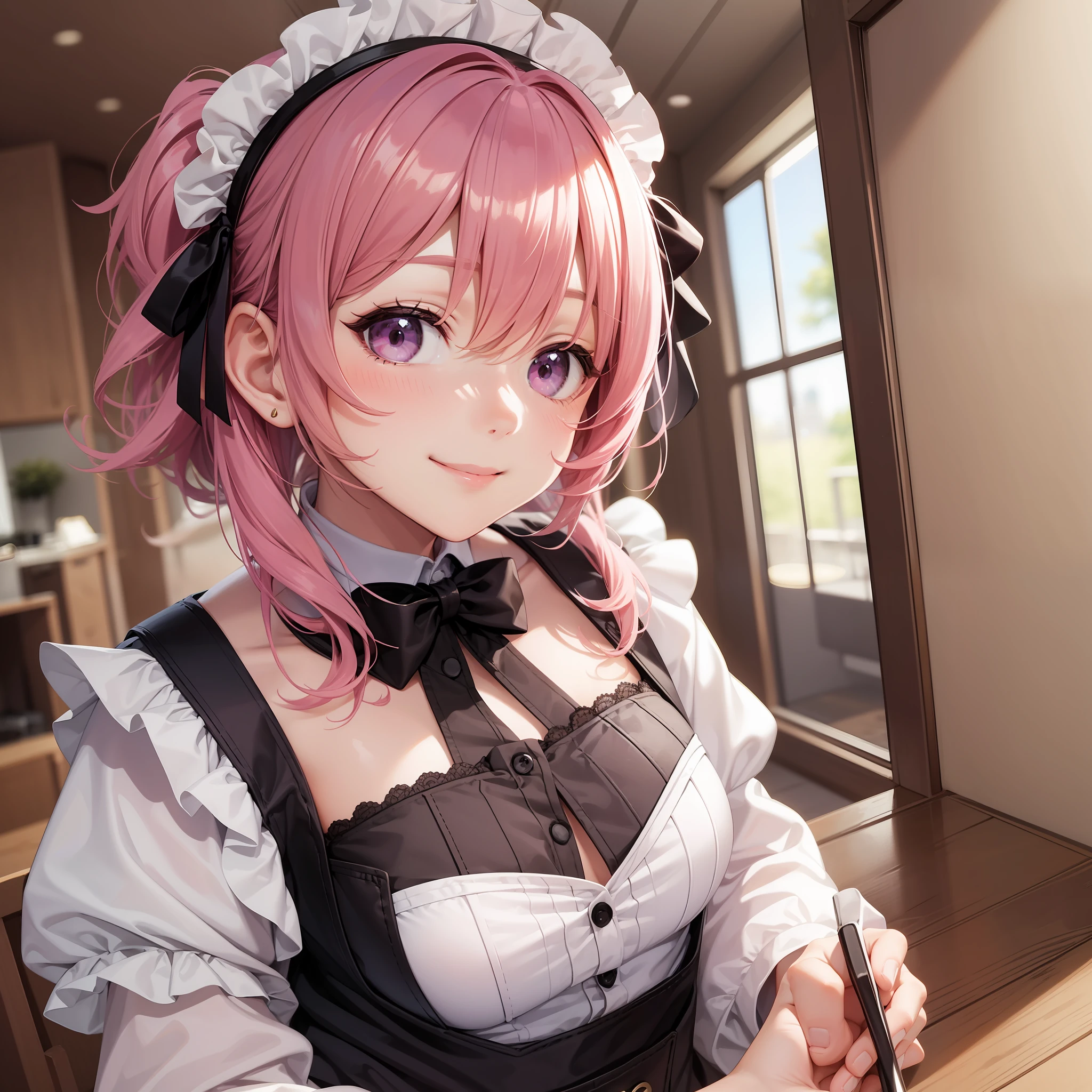Girl in maid　Pink hair　moe　kitchin　a smile　top-quality　​masterpiece
