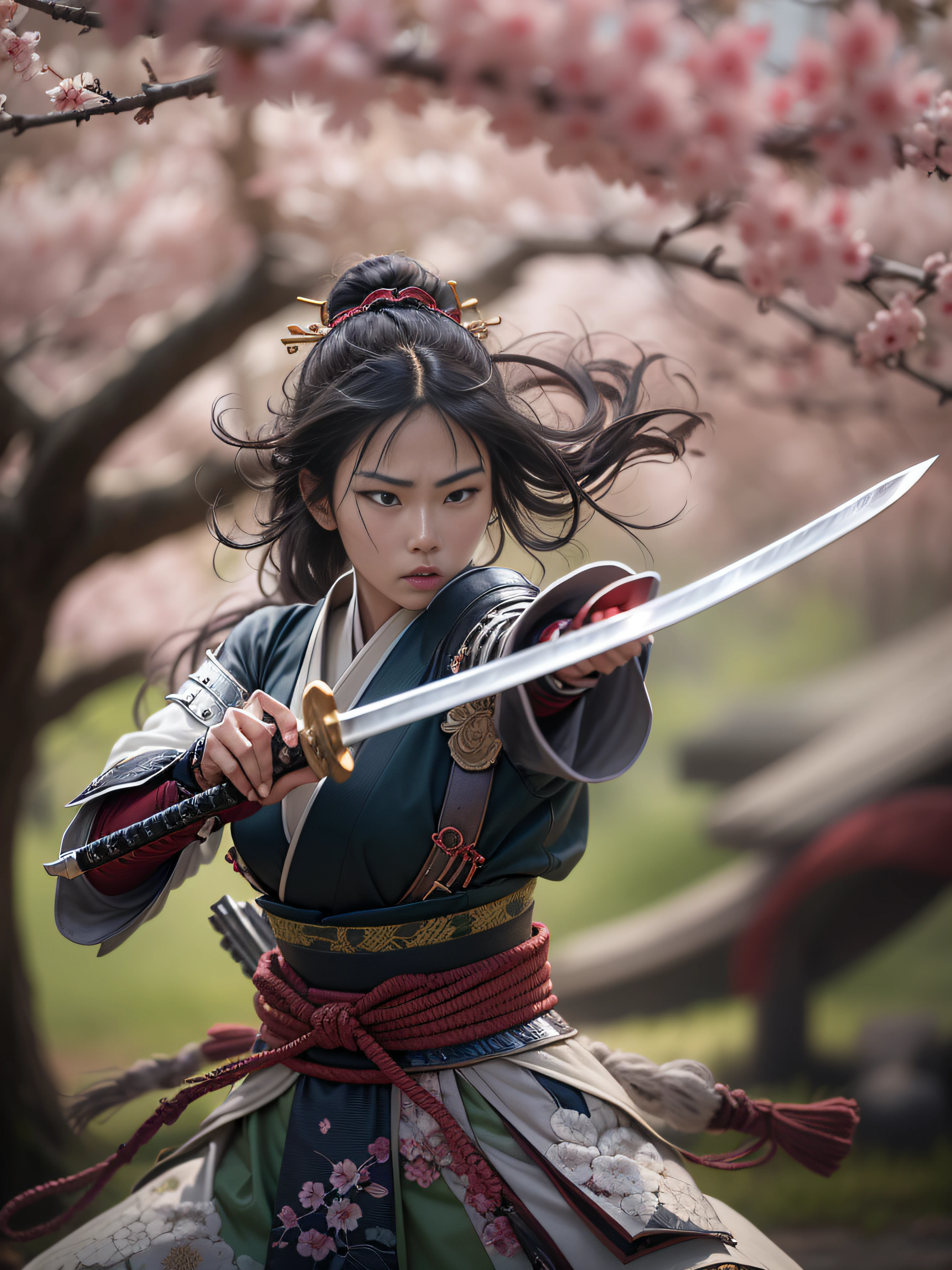 «»A captivating photorealistic image capturing the intensity of a Japanese female samurai in the midst of a fierce duel. The setting is a serene and traditional Japanese garden, with cherry blossoms falling gently around the combatants. The samurai warrior wears a formidable and elegant armor, her katana raised in a powerful strike. Her opponent, another skilled warrior, meets her attack with equal determination. The environment should be outdoors, with soft sunlight filtering through the foliage. The camera shot type is a close-up, focusing on the samurai's intense facial expression and the swift movement of the duel. Camera lens: 70mm for a balanced perspective. Resolution: 4K to showcase the details of the samurai's armor and surroundings.»»