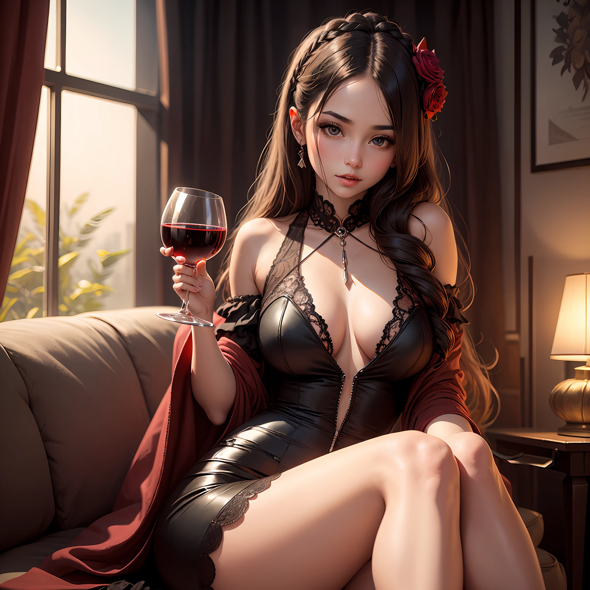 A girl, Beautiful Garafina with a glass of wine, l vampire, clean background, chic dress, Excellent hairstyle --auto