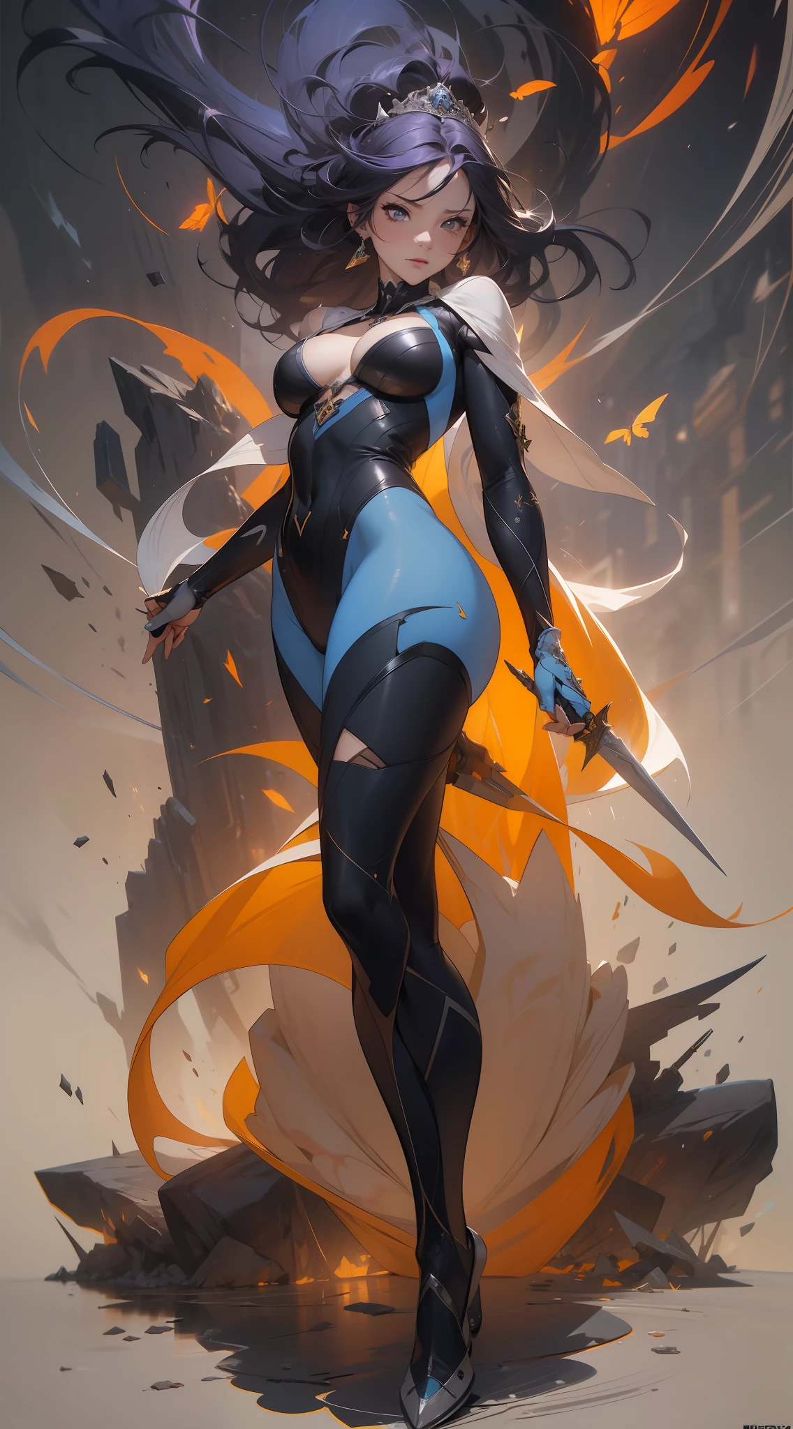 A cheerful girl with purple hair,Full body standing painting,yellow lightning,butterflys,daggers,Princess cut,little breast,Lori huge breasts cleavage,Romantic color scheme,Extremely detailed Artgerm,splashart,8k hd wallpaperjpeg artifact,The is very detailed,full bodyesbian,attention-grabbing, Artistic composition, Emotional image, hyperactive, sport, Particle, tmasterpiece, highest quality,(Emotional expression), Beautiful pictures,Trends on ArtStation, Trends on CGSociety, complex, High detail, Clear focus, Dramatic, The art of realist painting by Midway and Greg Rutkovsky, in the background bokeh(skin textures), intricately details, finely detailled, Hyper-detailing,hdr(HighDynamicRange),Ray traching,NVIDIA RTX,Hyper-Resolution,Unreal 5,Subsurface dispersion,PBR textures,Post-processing,Anisotropy Filtering,depth of fields,Maximum clarity and sharpness,Many-Layer Textures, Albedo e mapas Speculares、Surface coloring、Accurately simulate light-material interactions、perfectly proportions、rendering by octane、twotonelighting、largeaperture、Low ISO、White balance、trichotomy、8K raw data、crysisnanosuit, sub surface scattering, diffused soft light,shallowdepthoffield,author(Oliver Wetter)