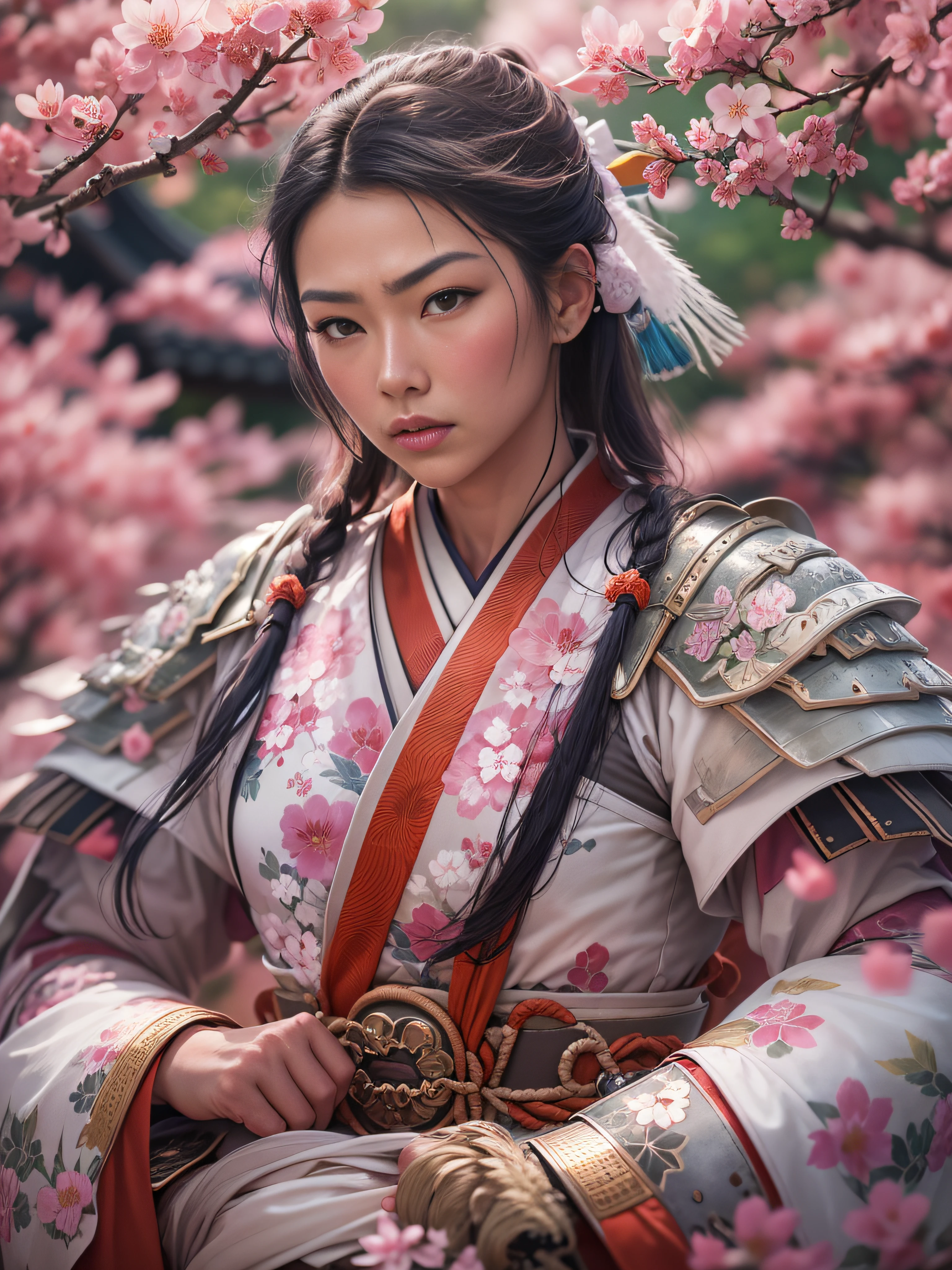 «»A stunning photorealistic image of a noble woman samurai warrior in ancient China. The scene is set in a serene cherry blossom garden, with the samurai wearing traditional armor adorned with intricate patterns. Her expression is fierce and determined, reflecting her strength and skill as a warrior. The environment should be outdoors, with soft natural lighting casting a gentle glow on the cherry blossoms. The camera shot type is a medium shot, capturing the warrior's elegant yet formidable presence. Camera lens: 135mm+ for a focus on the samurai's details and facial expression. Resolution: 8K to showcase the rich textures of her armor and surroundings.»»