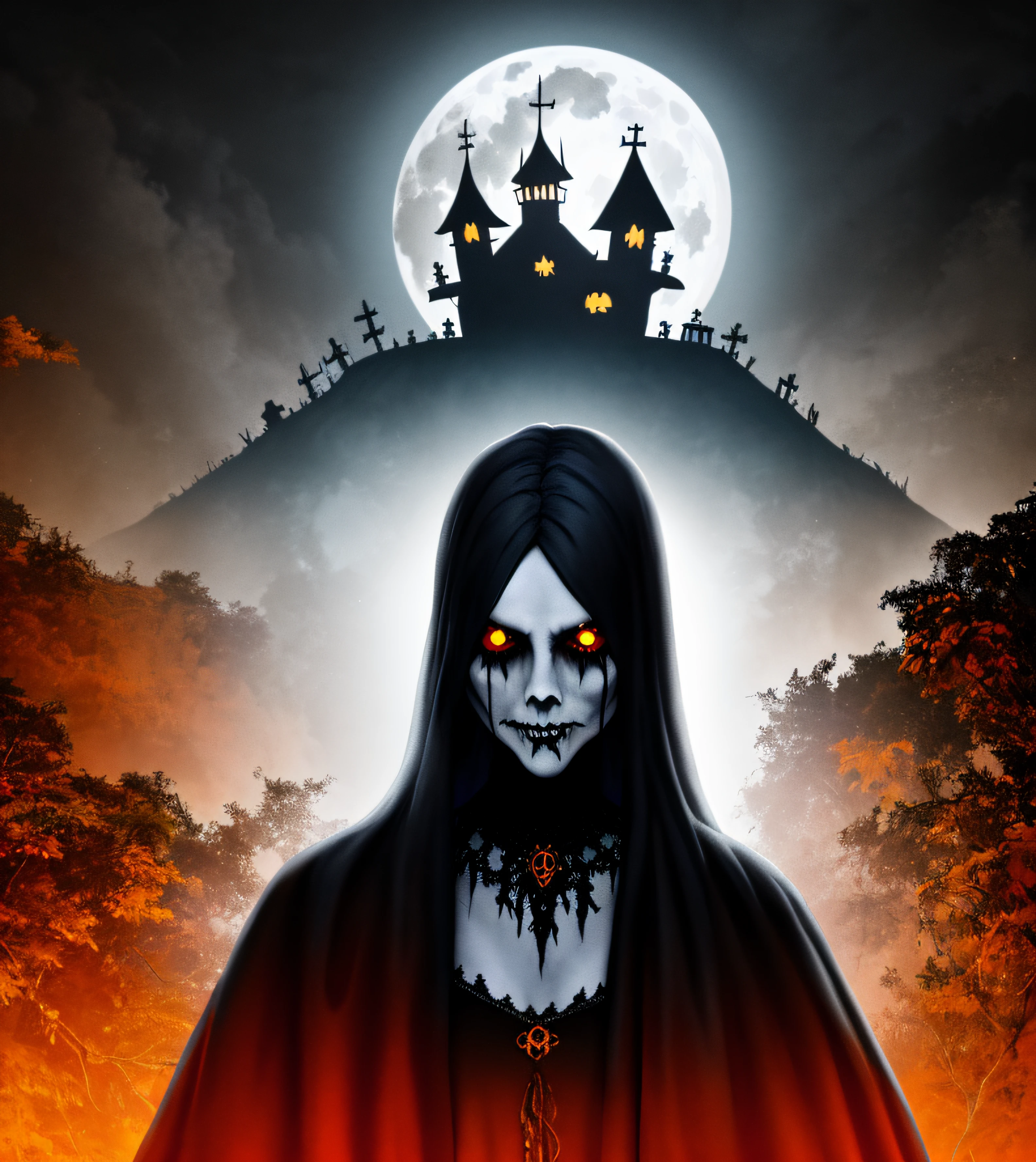 highres, best quality, concept art, official art, portrait, A witch in front of a full moon, Halloween, digital painting, horror, dark, spooky, moody, artstation, pixiv, by Ekaterina Savic and Barret Frymire