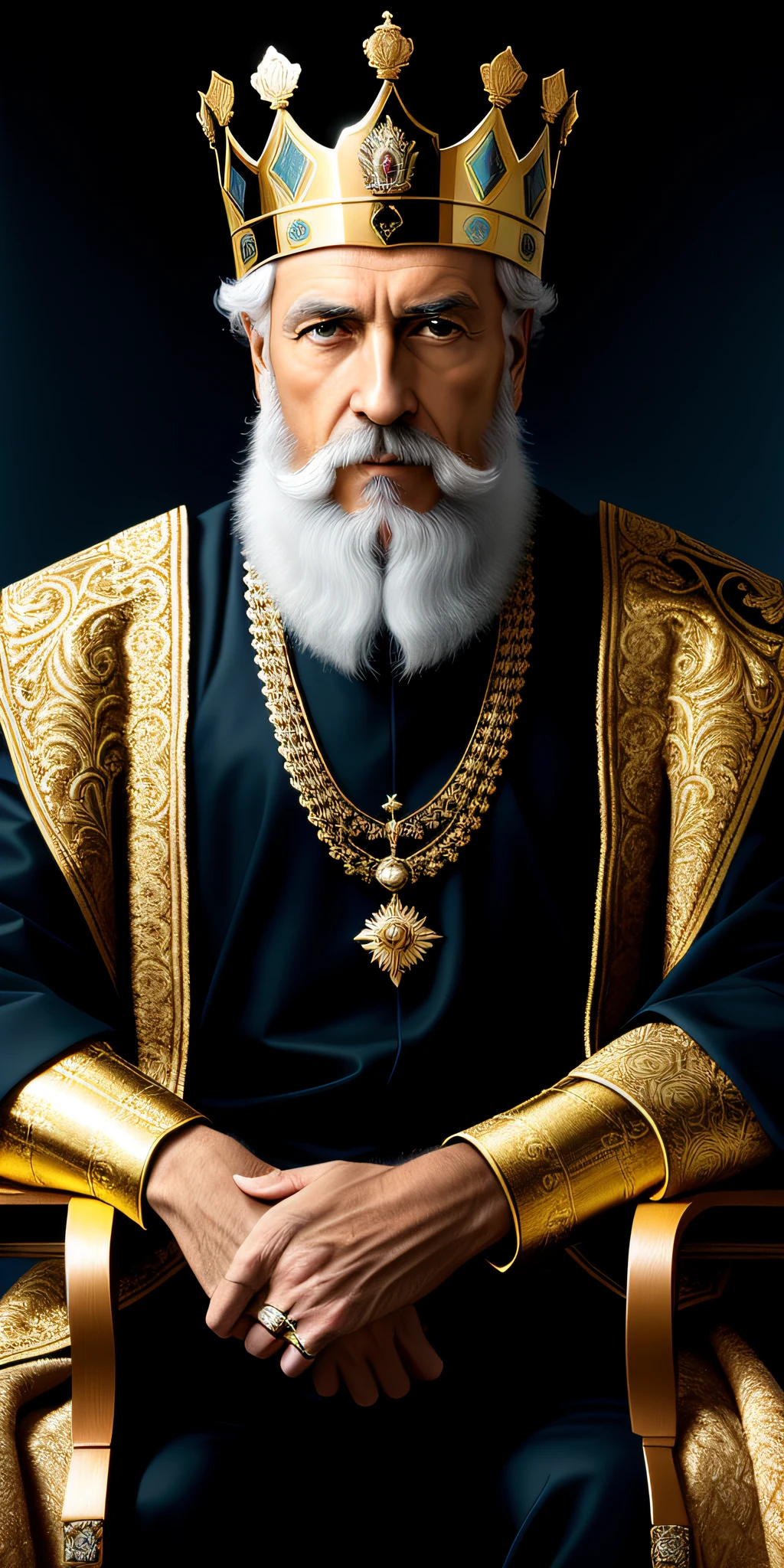 homem arafed com uma coroa sentada em uma cadeira, Retrato do Imperador da Humanidade, Majestade em roupas nobres, Retrato de um velho rei medieval, Retrato do velho rei medieval, gm, em vestes escuras com detalhes dourados, Retrato do Santo Padre, Grand Emperor of the Russian Empire, retrato closeup de um mago, Retrato de um Rei, vestindo vestes douradas