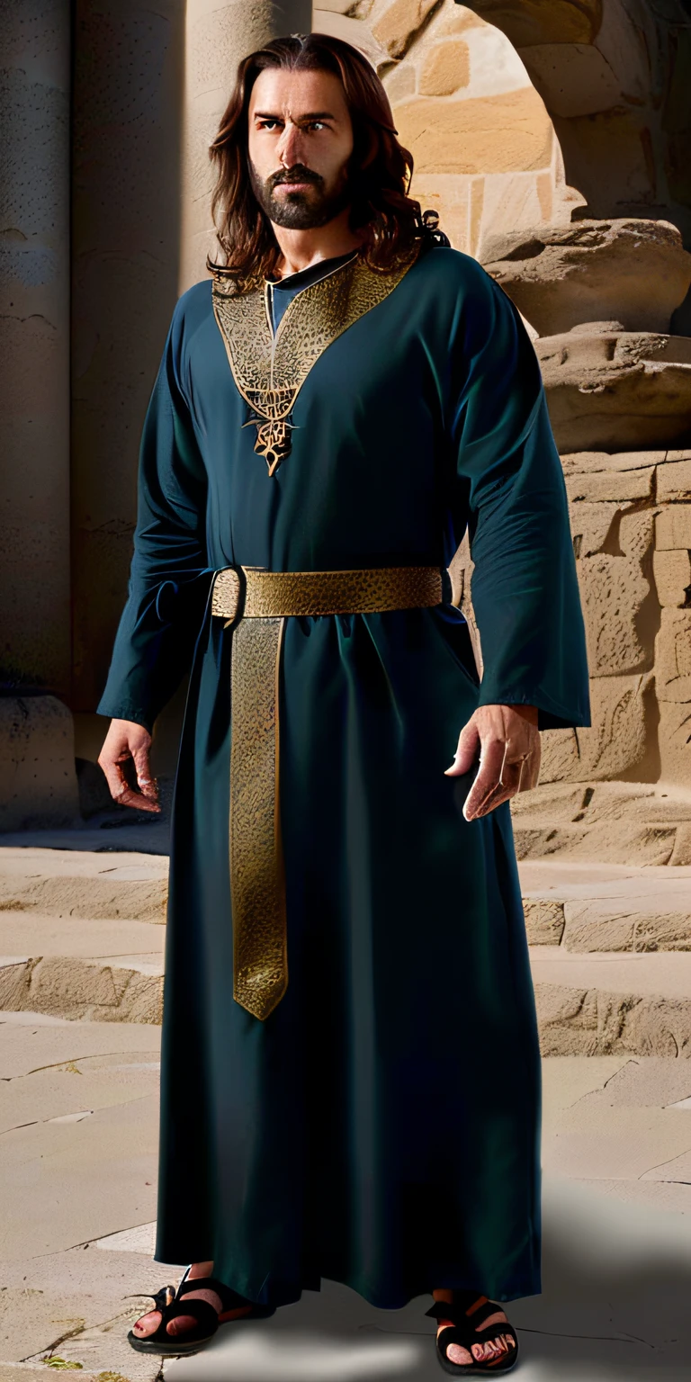 Man in blue bathrobe and gold belt in front of a stone building, Tunic and Blue Robes, vestindo vestes verde-escuras, vestido thobe, classical robes, vestes medievais, vestes imponentes, em vestes escuras com detalhes dourados, vestes com caracteres dourados, Green robes, traje medieval, ferred - themed robes and hat, vestindo vestes medievais pretas