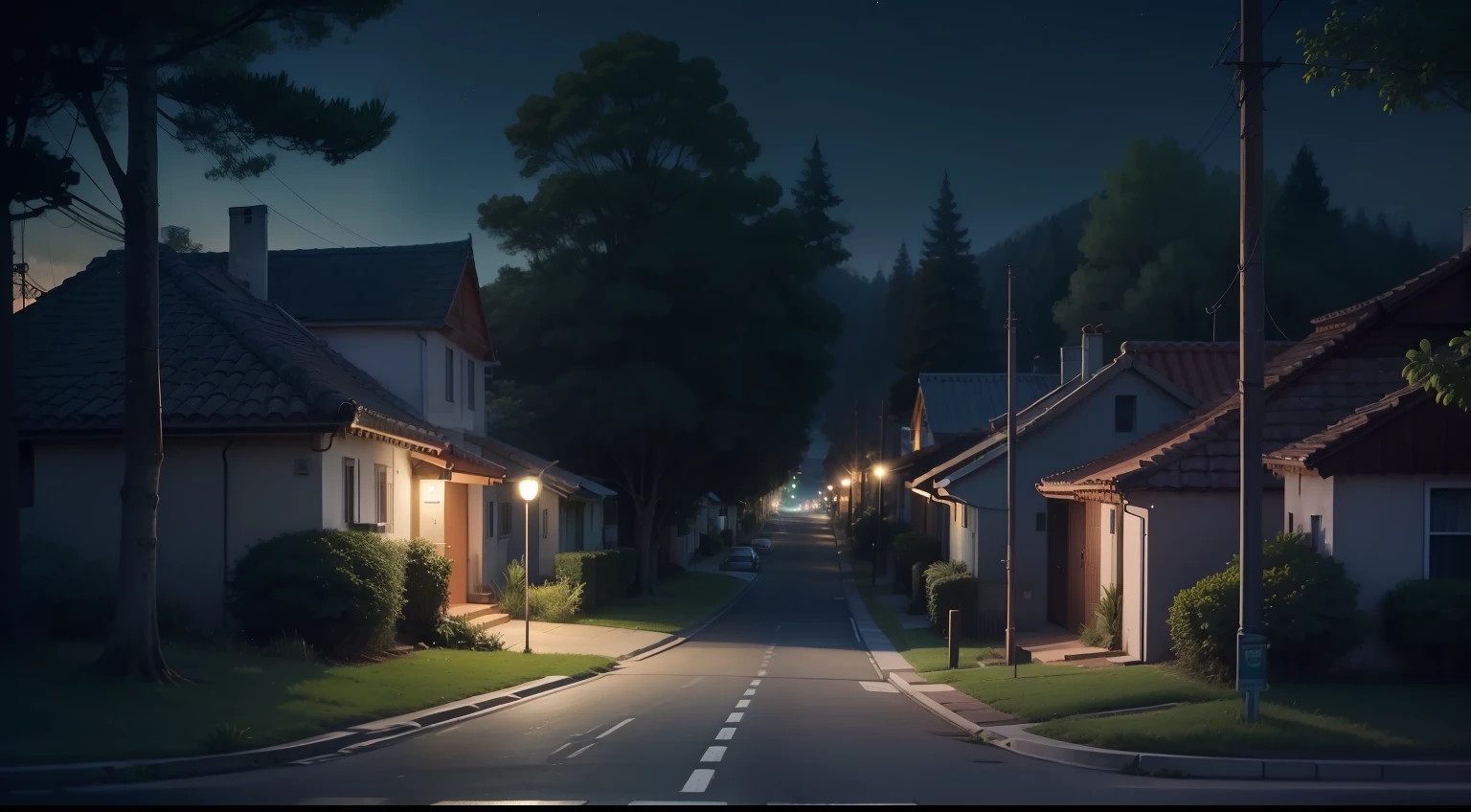 background, night, houses on the left, house on the right, Pedro street in the middle, forest in the background
