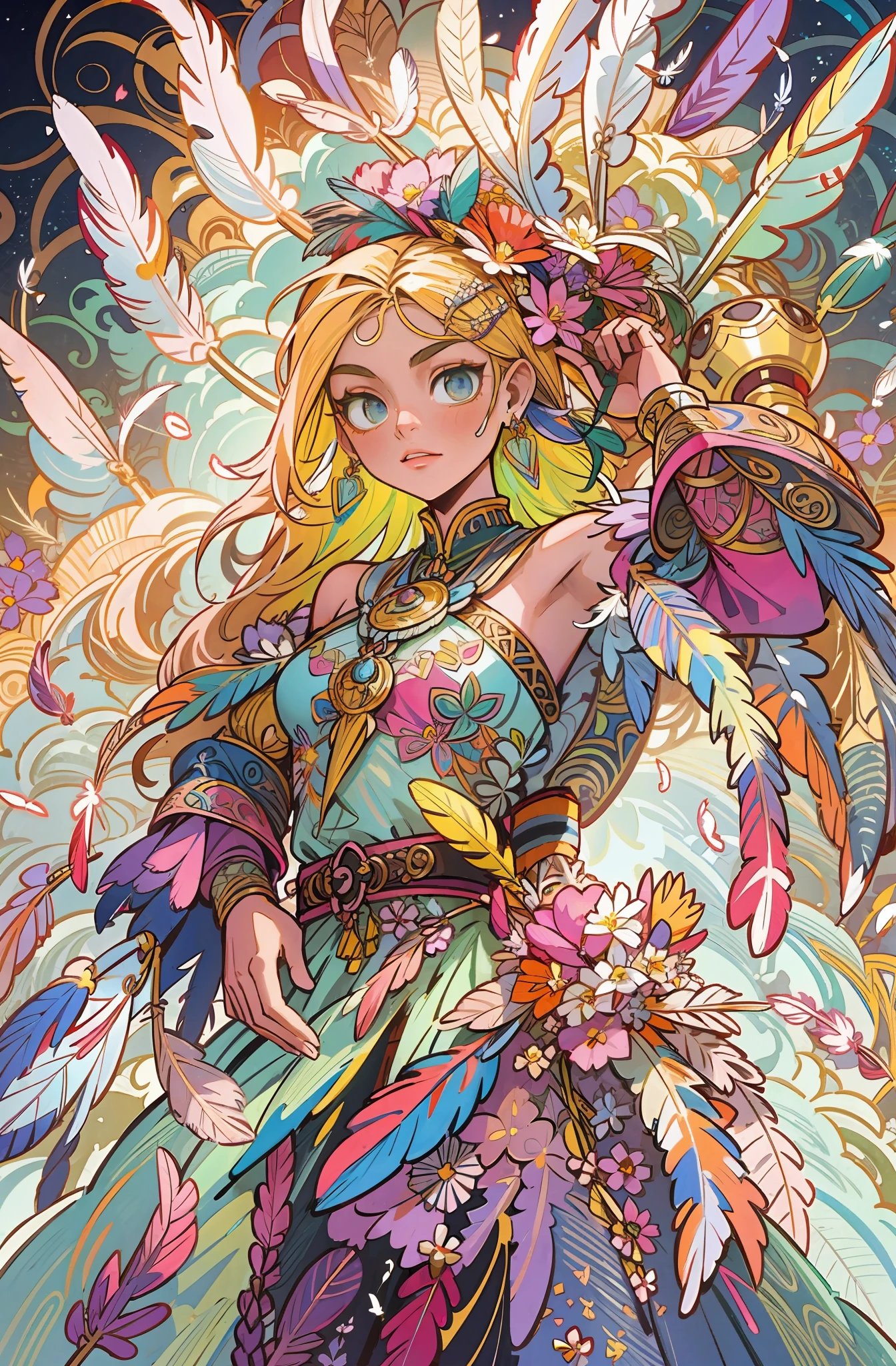A girl with small breasts, bare shoulders, golden hair, colored feathers, metal ornaments, colored flowers, particles, light rays, dynamic pose, wielding earth magic (masterpiece, top quality, best quality, official art, beautiful and aesthetic:1.2), (1girl:1.3), extremely detailed,(fractal art:1.1),(colorful:1.1)(flowers:1.3),highest detailed,(zentangle:1.2), (dynamic pose), (abstract background:1.3), (shiny skin), (many colors :1.4), ,(earrings:1.4), (feathers:1.4)