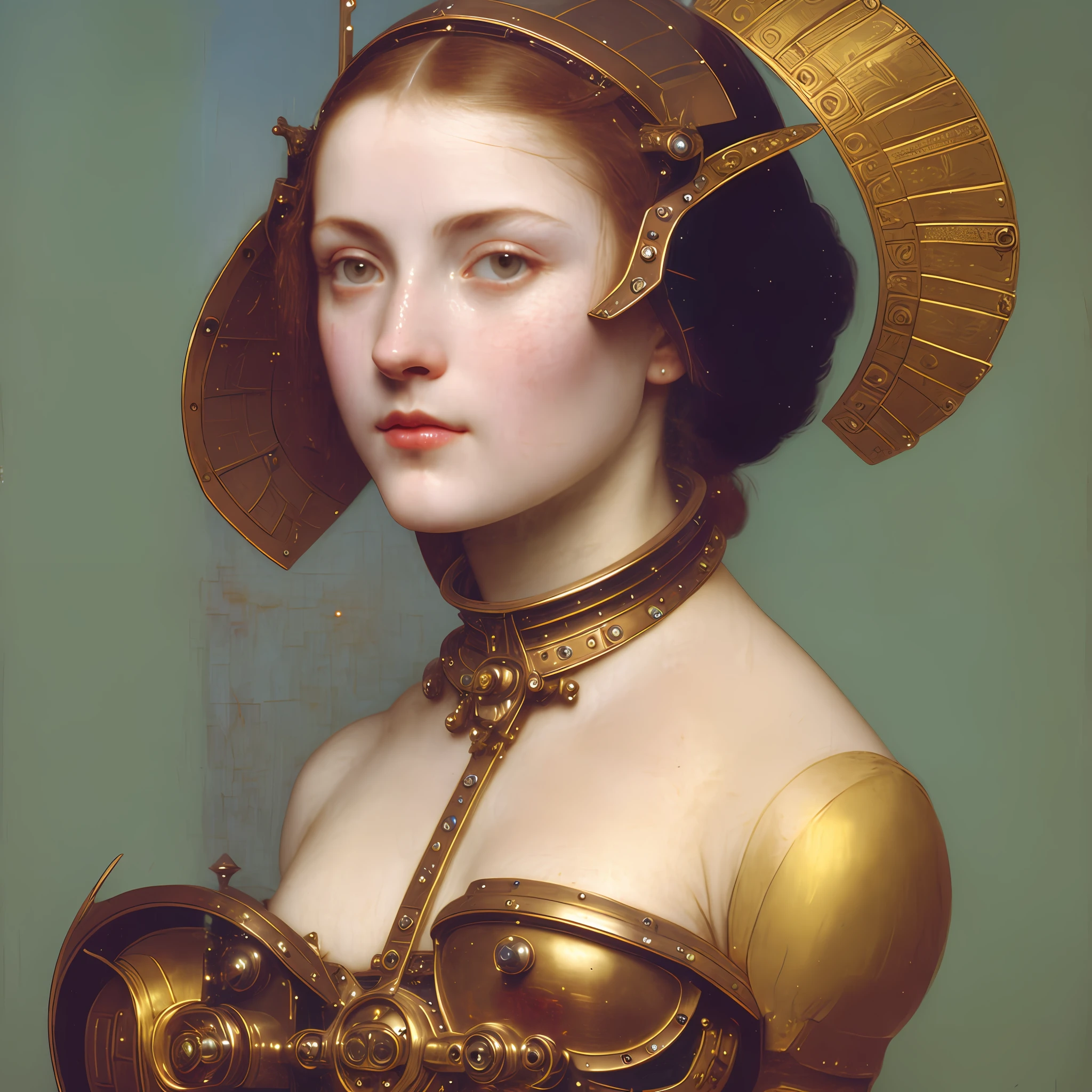 Arafed woman wearing a gold helmet with a gold collar, inspired by Jean-François de Troyes, portrait of a beautiful goddess, portrait of cleopatra, inspired by Jules Joseph Lefebvre, Neoclassical portrait, based on Jean Fouquet, portrait of cleopatra, goddess close-up portrait, Gold-plated gold halo behind his head