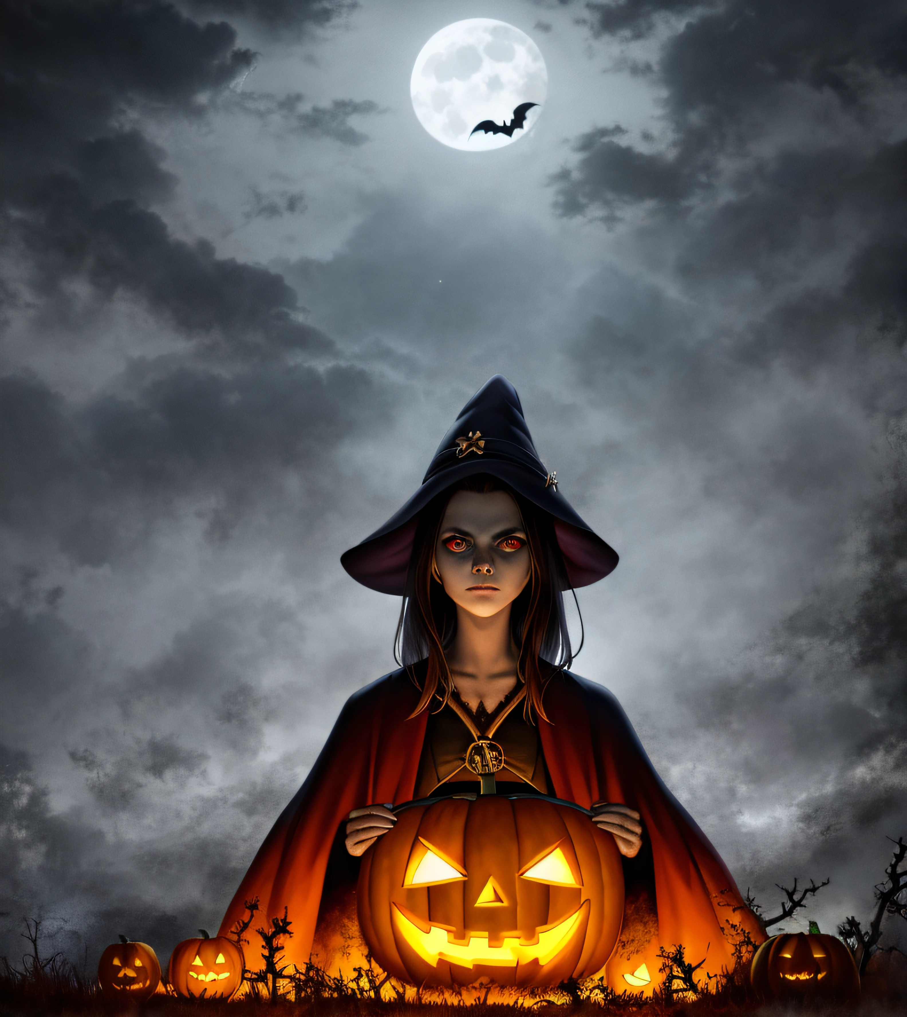 highres, best quality, concept art, official art, portrait, A witch in front of a full moon, Halloween, digital painting, horror, dark, spooky, moody, artstation, pixiv, by Ekaterina Savic and Barret Frymire