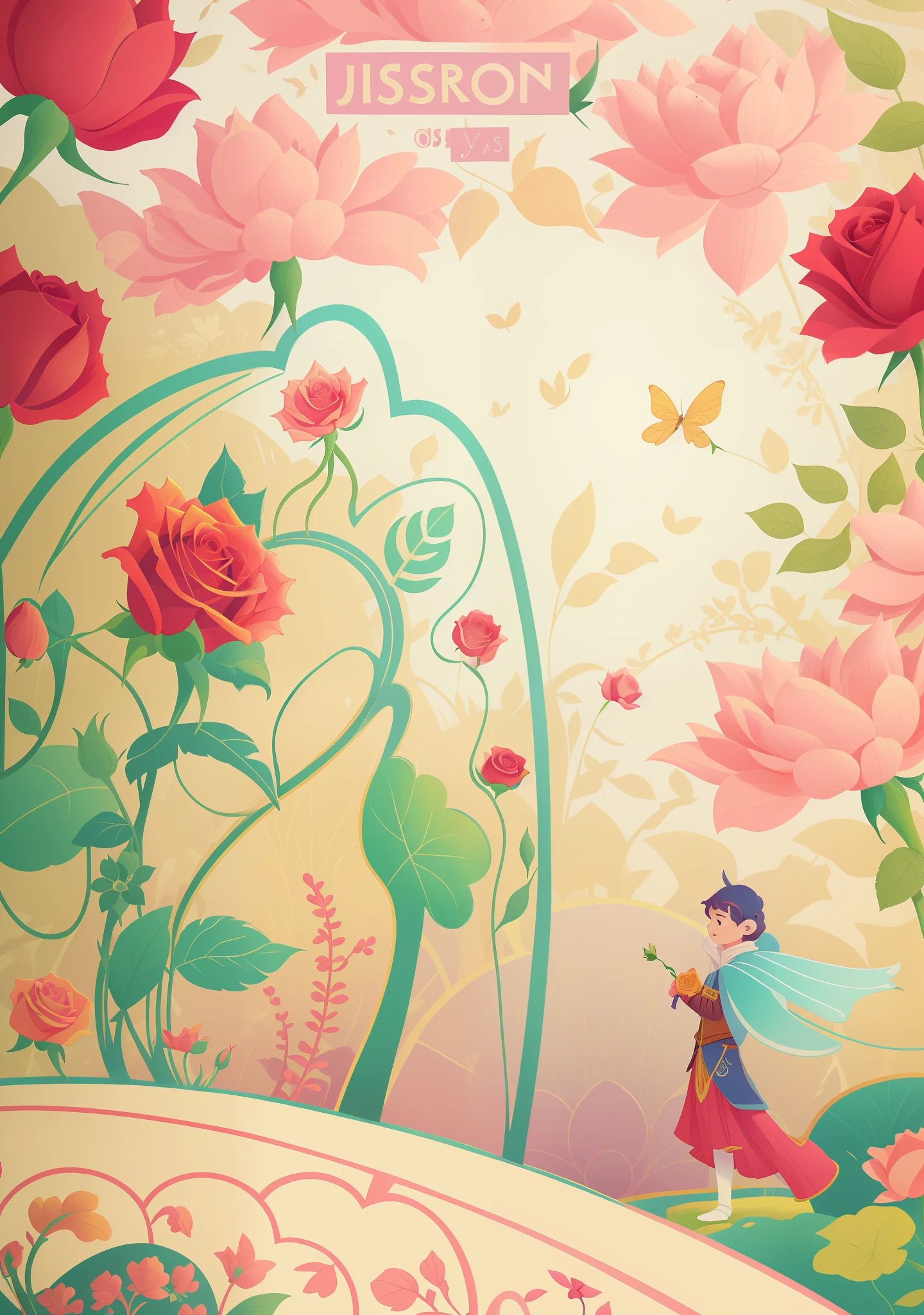 There is a cartoon picture,A man holding a rose in a field, fairy tale style background, fairy-tale illustration style, Rose background, Art Nouveau background, the wallpaper!, wallpaper - 1 0 2 4, A beautiful artwork illustration, Rose, Art Nouveau alien phytophyt, otzi, Fairy tale illustration, Art Nouveau!, rose background, Art Nouveau wallpaper