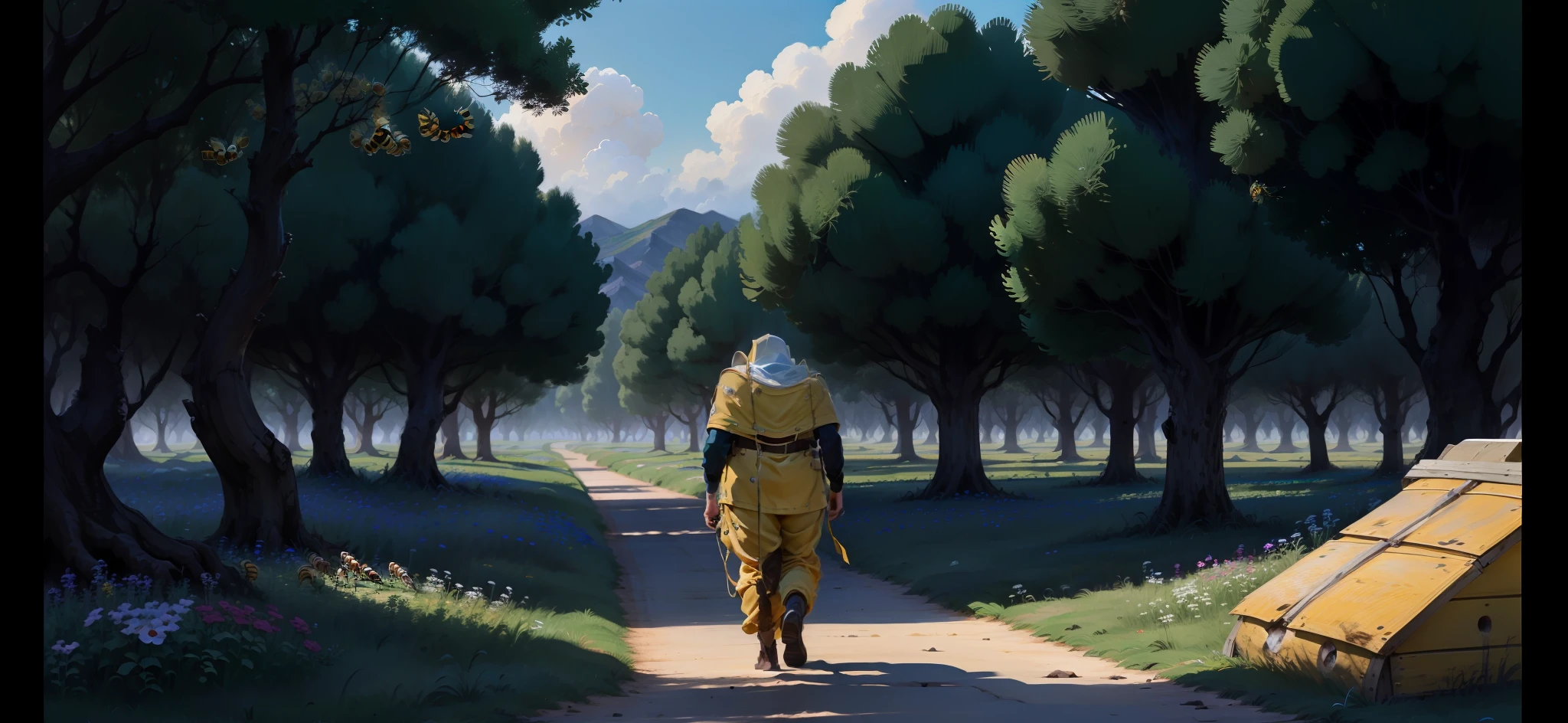 "The biggest player in beekeeping walked out of his lab，Wear white bee protective clothing，Carrying a wooden slatted beehive，The beehive is firmly tied behind the back with twine。He walked on the vast steppe，Small bees surround the hive，Or around the flowers。"