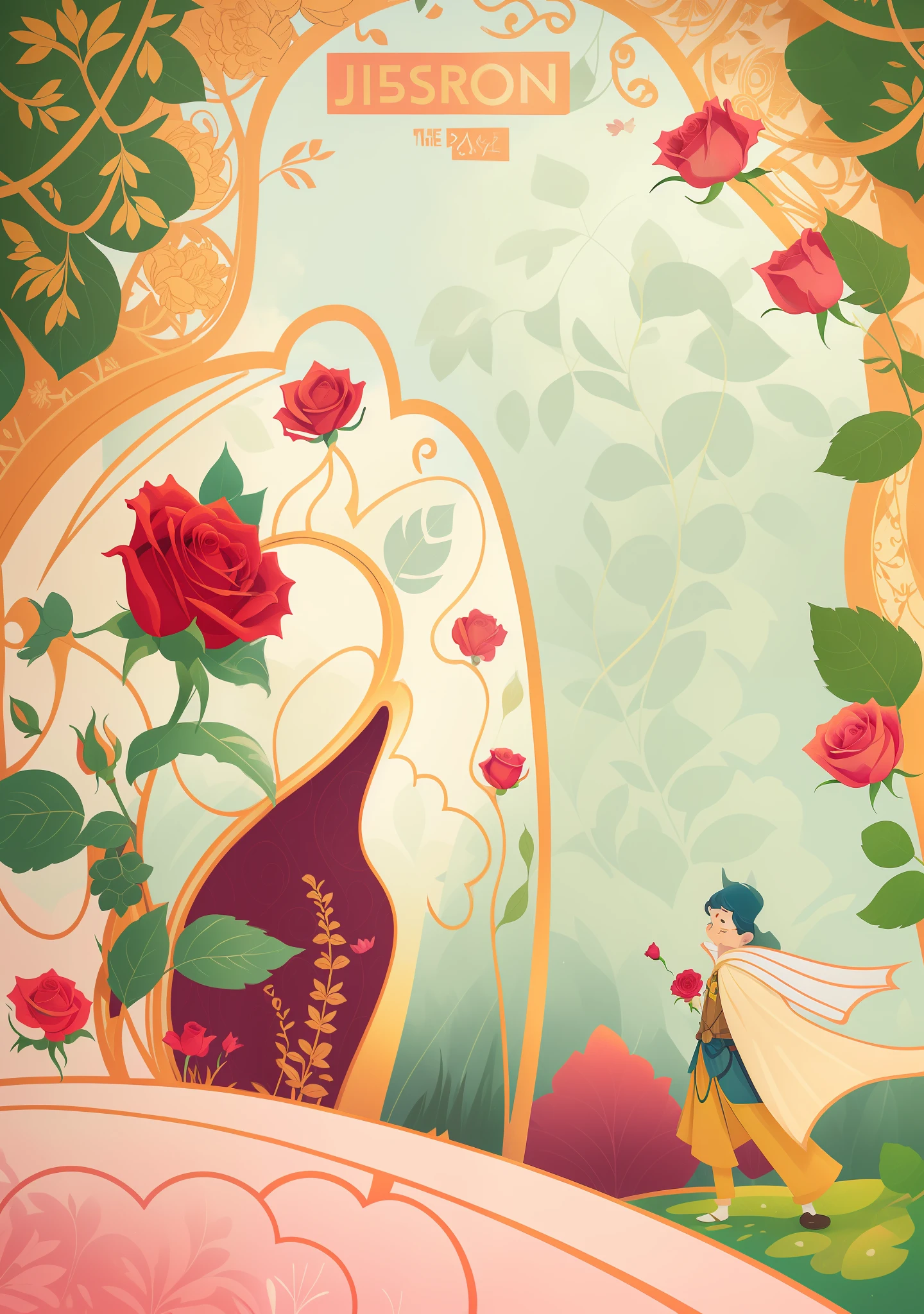 There is a cartoon picture,A man holding a rose in a field, fairy tale style background, fairy-tale illustration style, Rose background, Art Nouveau background, the wallpaper!, wallpaper - 1 0 2 4, A beautiful artwork illustration, Rose, Art Nouveau alien phytophyt, otzi, Fairy tale illustration, Art Nouveau!, rose background, Art Nouveau wallpaper