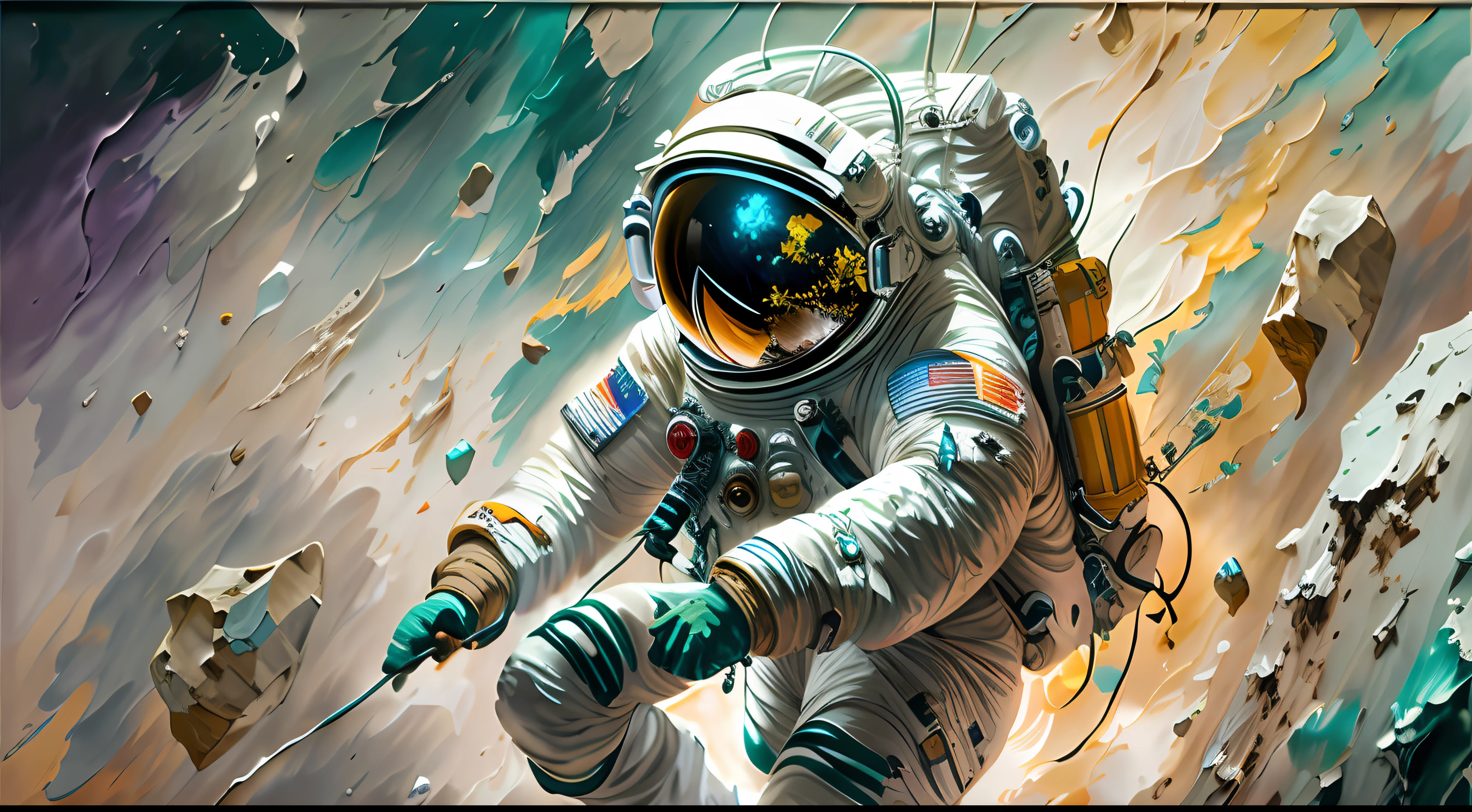 astronaut, climbing the asteroid, character render, ultra high quality model, ethereal background, abstract beauty, explosive volumetric, oil painting, heavy strokes, paint dripping