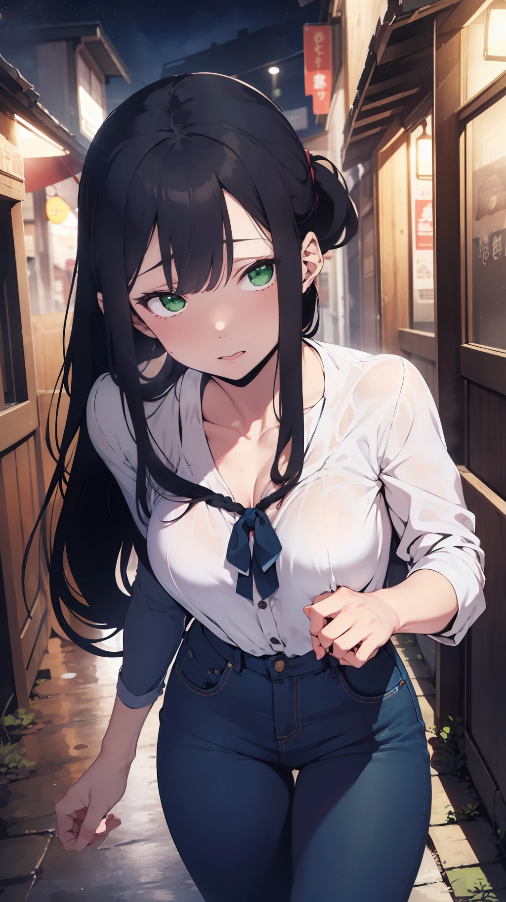 (((one woman,long hair,ponytail,bangs,slender face,sharp eyes,green eyes,detailed eyes,small breast,white blouse,navy jeans,surprised,flushed cheek))),masterpiece,extremely high quality,extremely fine and beautiful,hyper detail,dynamic resolution,sharp focus,anime style,incoming kiss,kissing the viewer,closeup face,closed eyes,in the park,at night,1girl
