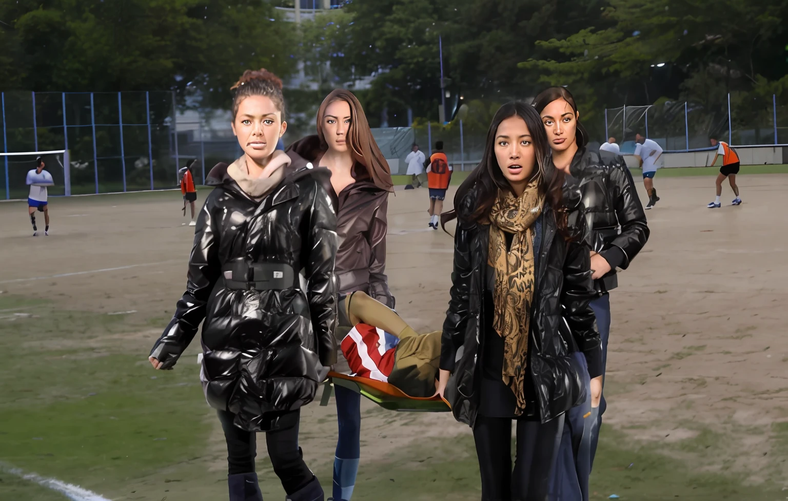 a soccer scene in a sports stadium, cool and wet weather conditions, humide ground, rainy sky, injury scene in a sports stadium, stretcher carry, there are four female medics carrying a stretcher, there are four female medics in very shiny coats who are carrying a stretcher in a sports stadium, there is a wounded male soccer player in a matte short cotton sports outfit lying on the stretcher, an injured male soccer player in matte cotton sportswear is lying in pain on a stretcher, a soccer player in matte cotton sports clothes is rearing up in intense pain while lying on a stretcher, dramatic scene, theatralic posing scene, dramatic pity scene, injury soccer, first aid, help, pity, there are four female medics in wetlook high-shine coats who are looking very sad and very terrified and very shocked, the injured soccer player is screaming out in pain while he is carried from the pitch on a stretcher