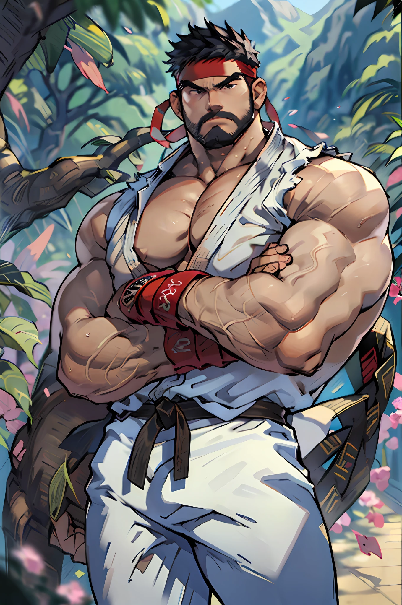 (masterpiece, best quality:1.2), cowboy shot, solo, male focus, 1boy, ryu \(sf\), middle age, serious, determined face, white skin, looking at viewer, black hair, black beard, detailed face tall, hunk, muscular, wide shoulder, big physique, wearing big white Dougi, new white Dougi shirt, white Dougi pant, red headband, fingerless gloves, blue aura, cherry blossom in the background, high detailed, crossed arms