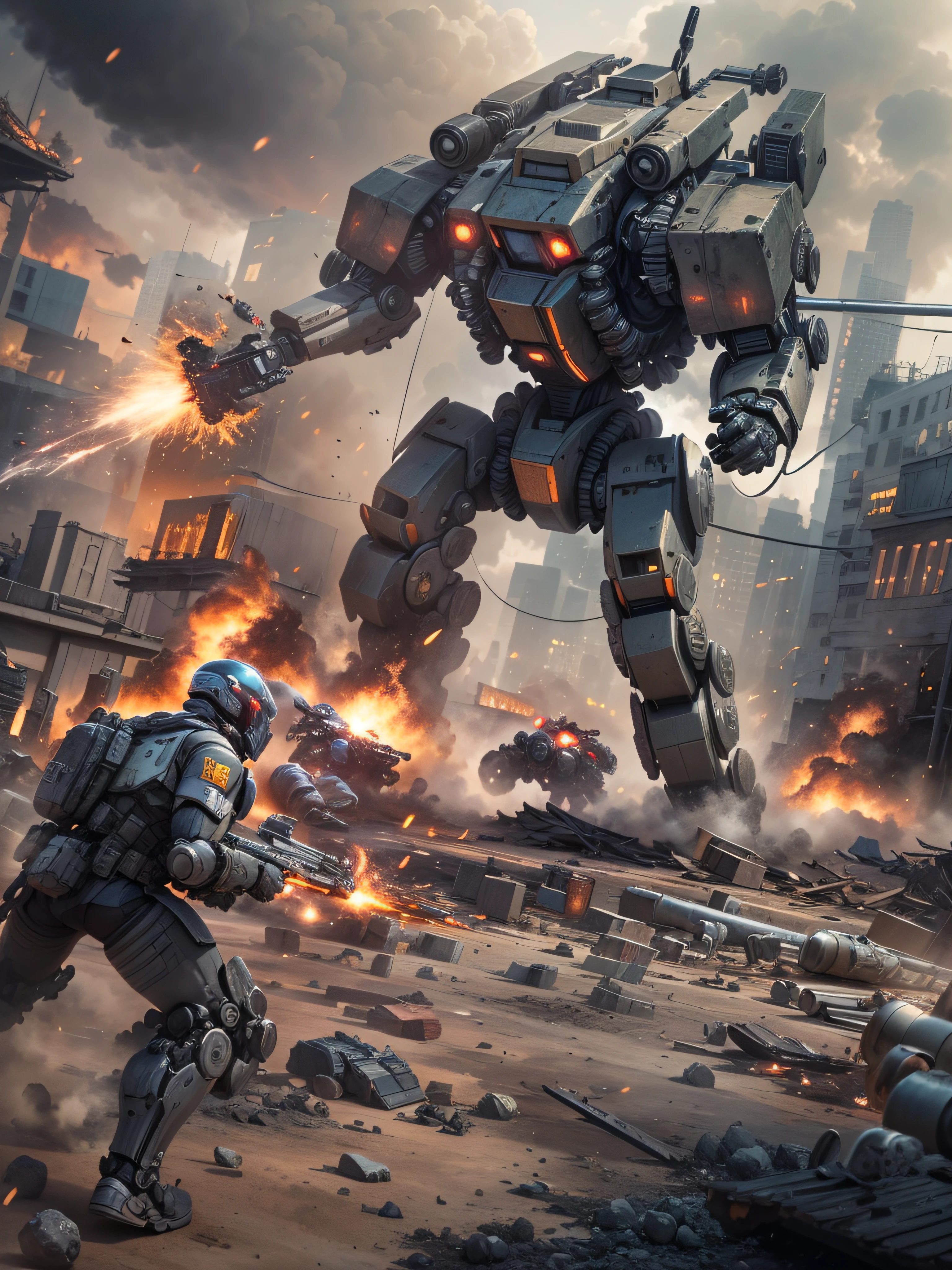 «»A breathtaking photorealistic image of a futuristic battlefield engulfed in war with combat robots. The setting is a war-torn cityscape, with crumbling buildings and billowing smoke as a backdrop. Advanced combat robots with sleek and deadly designs are engaged in intense combat, wielding powerful weapons and technology. The lighting should be dramatic, with explosions and energy blasts illuminating the scene. The shot should be a dynamic action shot, capturing the chaos and intensity of the battle. Camera lens: 135mm+ for a sharp focus on the robots and their details. Resolution: 8K to showcase the advanced technology and intricate elements of the robots.»»