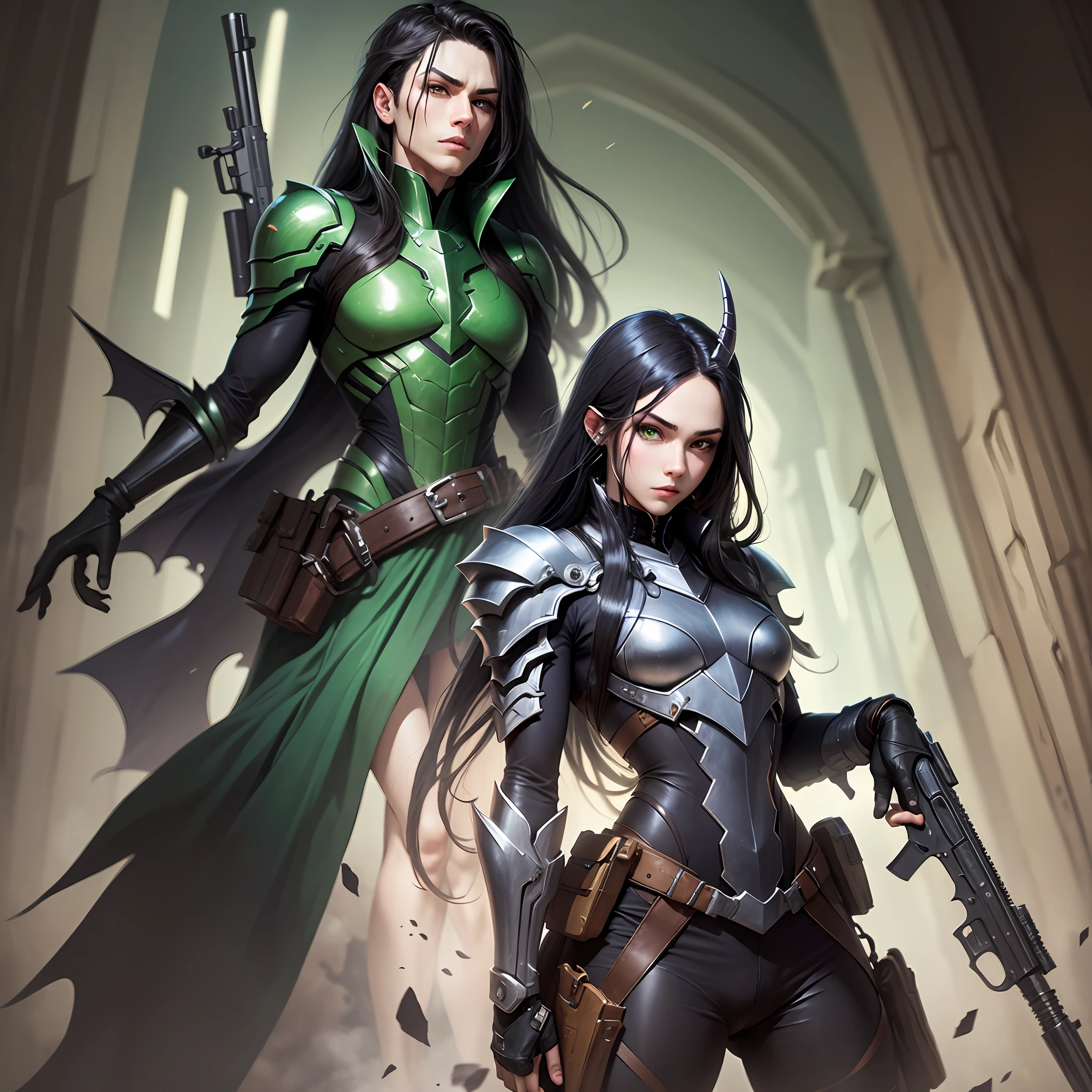 Male demon hunter long black straight hair green eyes two guns --auto --s2