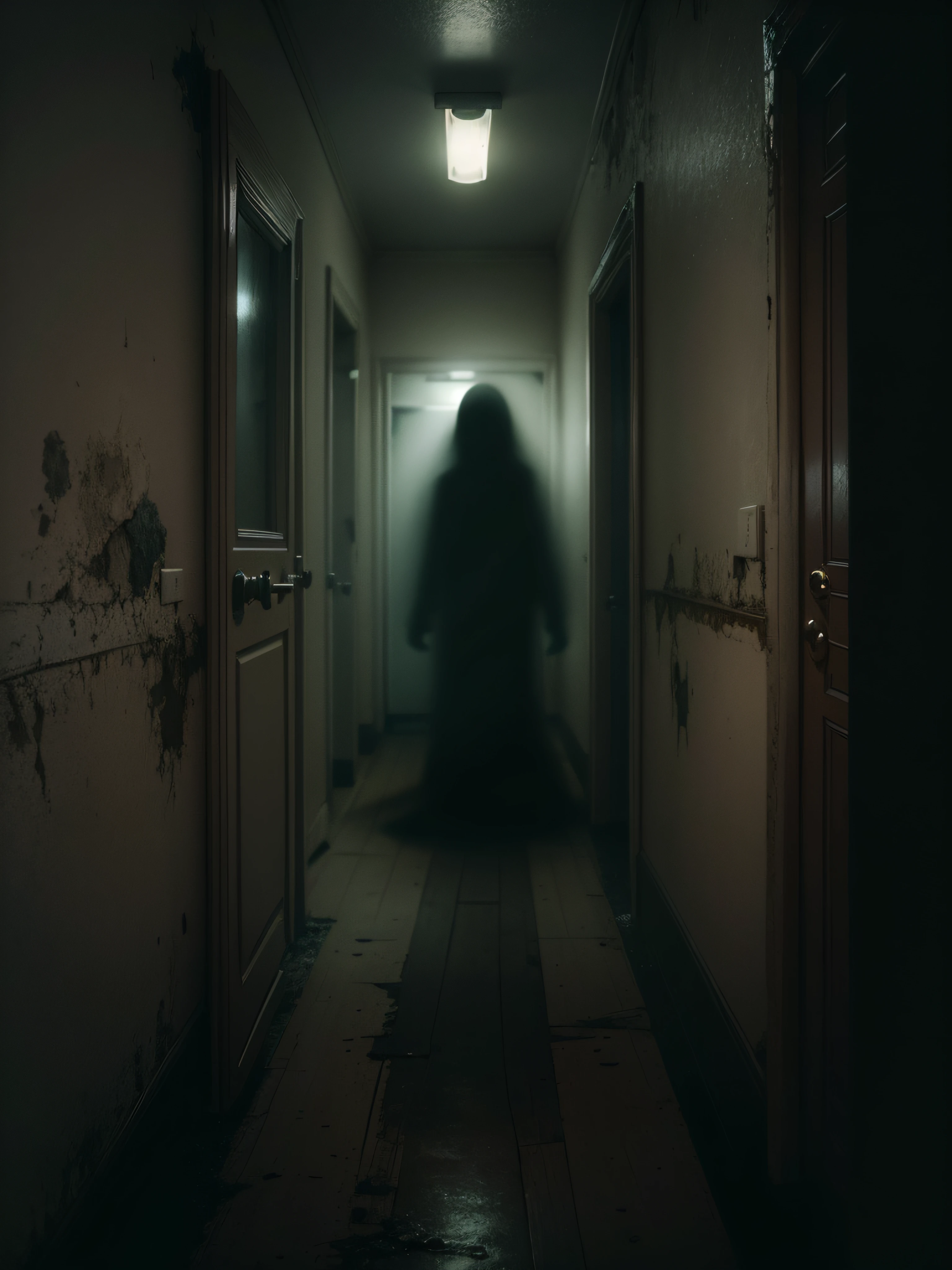 «»A chilling photorealistic image of a haunting apparition captured by a low-resolution hospital security camera in a dimly lit corridor. The scene is set in an old and eerie hospital, with flickering lights and peeling paint on the walls. The apparition appears as a translucent figure with a faint glow, hovering eerily above the floor. Its unsettling presence leaves a sense of unease and mystery. The lighting should be low, with the camera's grainy quality adding to the suspenseful atmosphere. The shot should be a close-up, capturing the haunting details of the apparition and the eerie surroundings. Camera lens: Fish-eye for a distorted and unsettling perspective. Resolution: Low resolution to enhance the sense of the unknown.»»